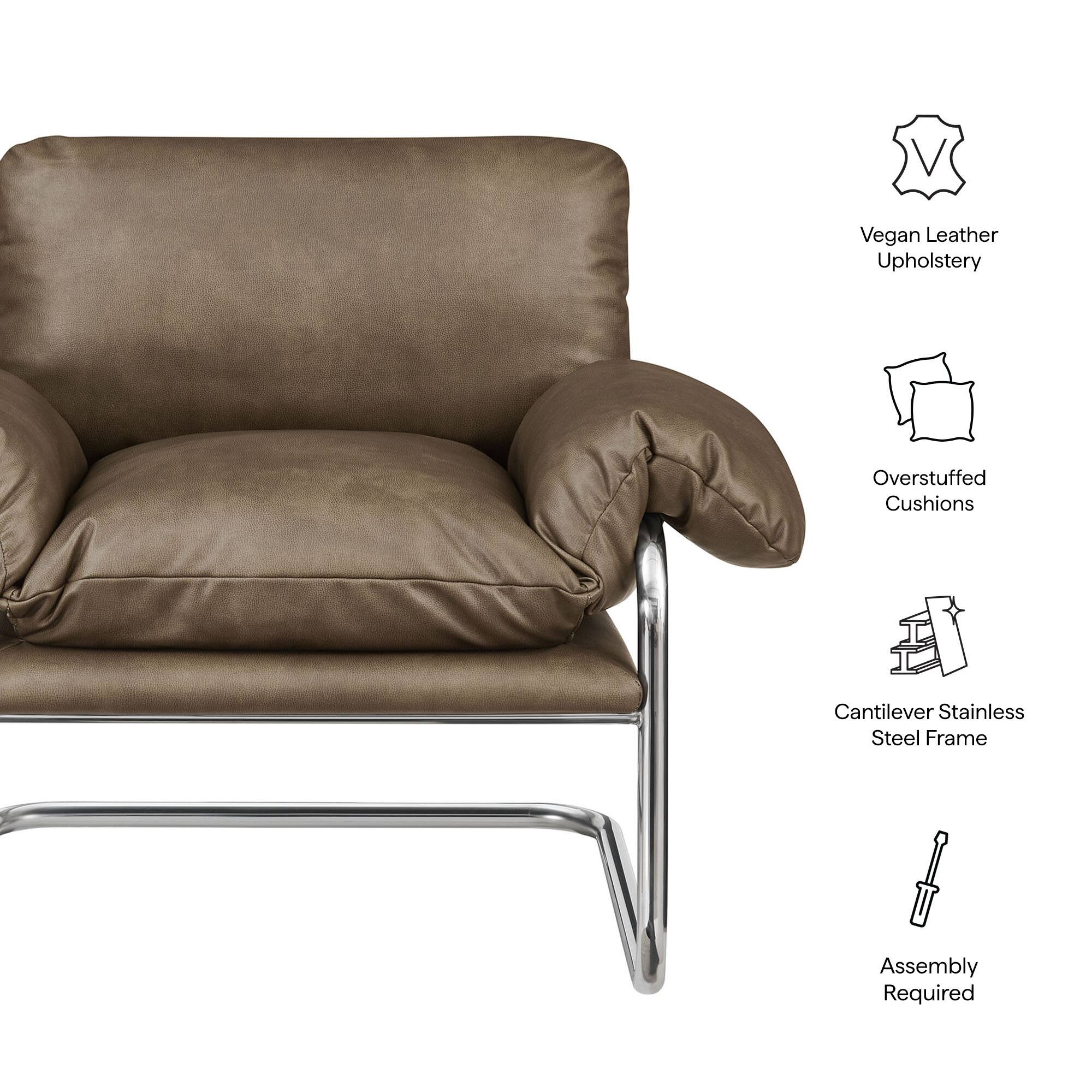 Vegan Leather Upholstery  
Overstuffed Cushions  
Cantilever Stainless Steel Frame  
Assembly Required