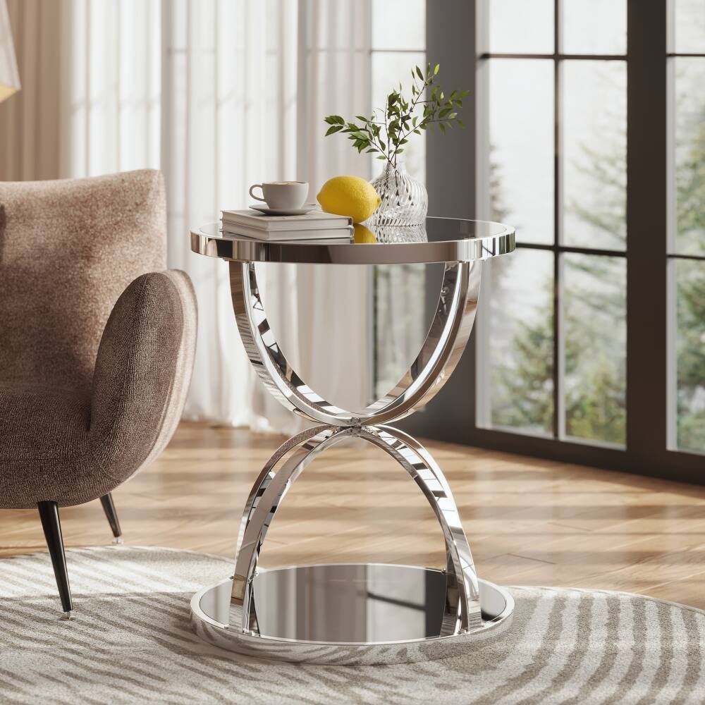 Left. Loheer - Loheer 19.69" Modern Glass Side Table, 2 Tier Silver Round Coffee Table, Chrome Finish Nightstand for Living Room - Silver.