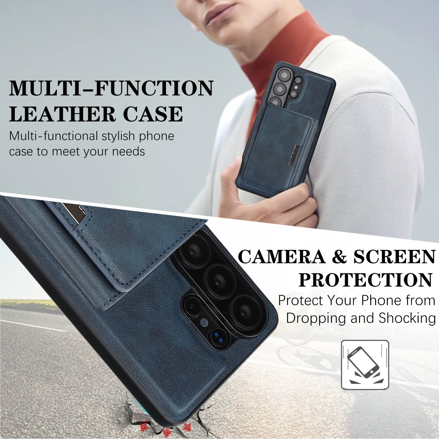 MULTI-FUNCTION LEATHER CASE  
Multi-functional stylish phone case to meet your needs  

CAMERA & SCREEN PROTECTION  
Protect Your Phone from Dropping and Shocking