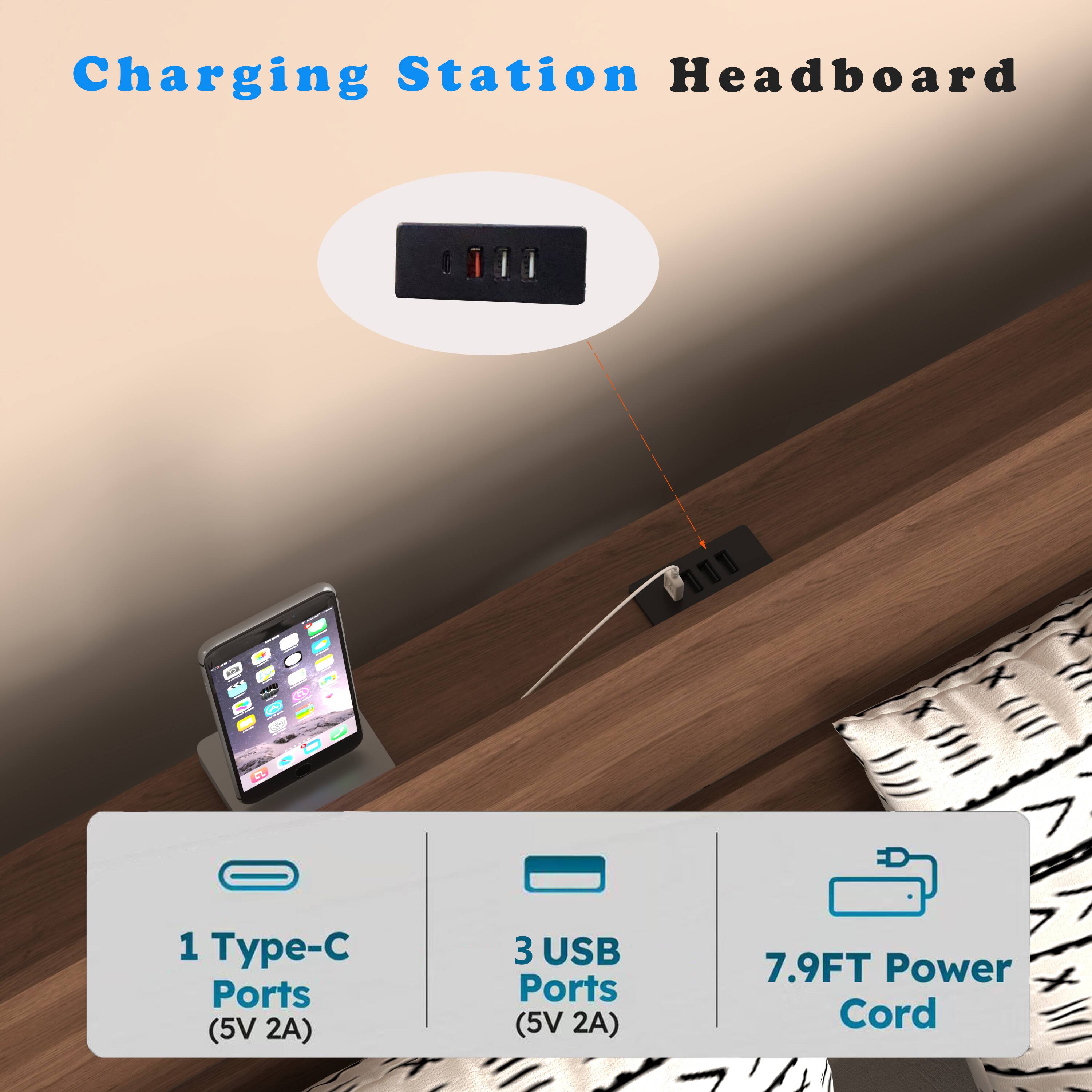 Charging Station Headboard

1 Type-C Ports (5V 2A)  
3 USB Ports (5V 2A)  
7.9FT Power Cord