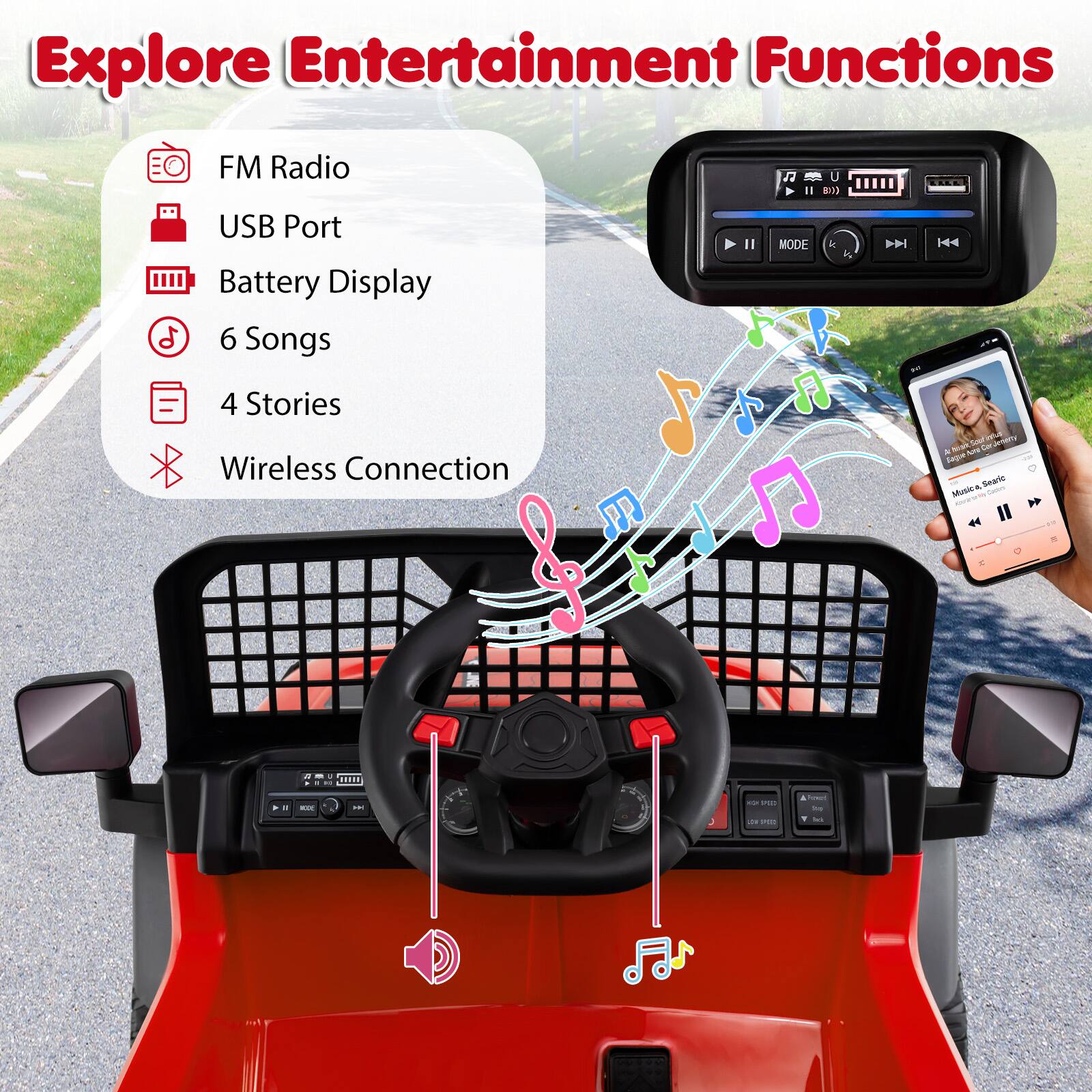 Explore Entertainment Functions

- FM Radio
- USB Port
- Battery Display
- 6 Songs
- 4 Stories
- Wireless Connection