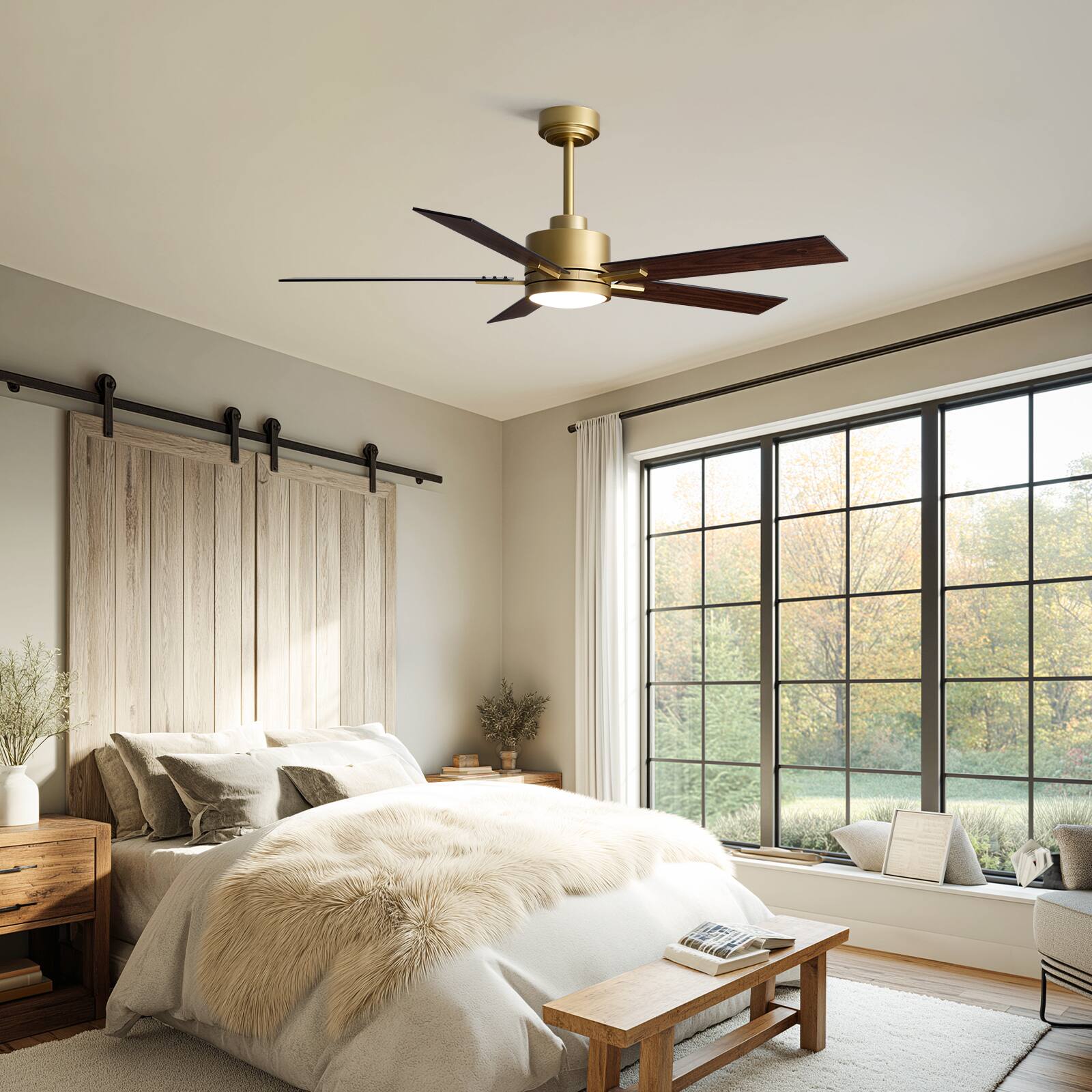 Back. Siljoy - 52" Modern Indoor Ceiling Fan with LED Light, 5 Reversible Blades, 6-Speed DC Motor, Remote Control and Timer Function - Brushed Gold.