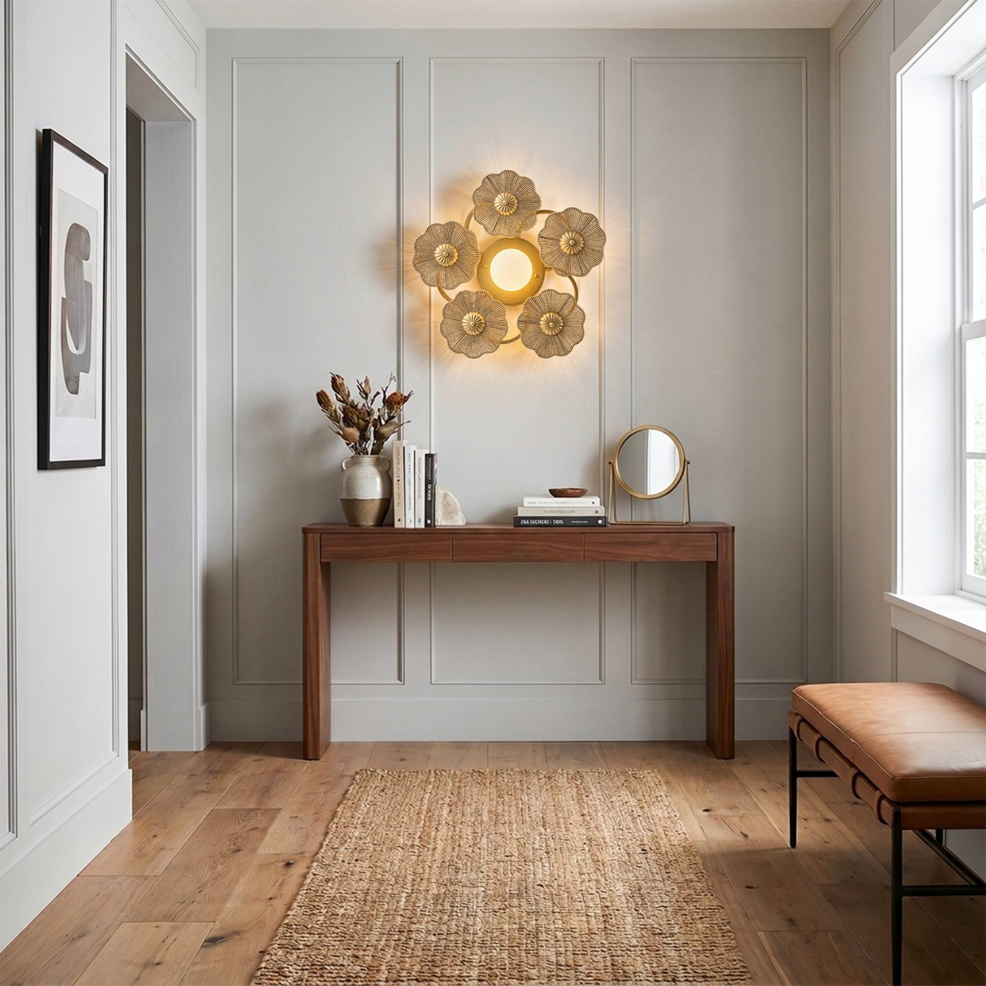 Angle. Parrot Uncle - Antique Gold Modern Farmhouse Hand-Woven Raffia Rope Five Flower-Shaped Frosted Globe LED Wall Lamp Ceiling Light - Gold.