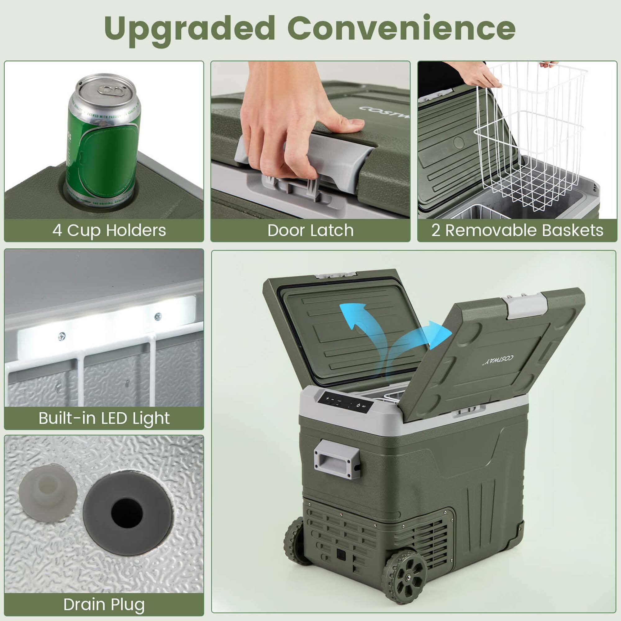 Upgraded Convenience

- 4 Cup Holders
- Door Latch
- 2 Removable Baskets
- Built-in LED Light
- Drain Plug