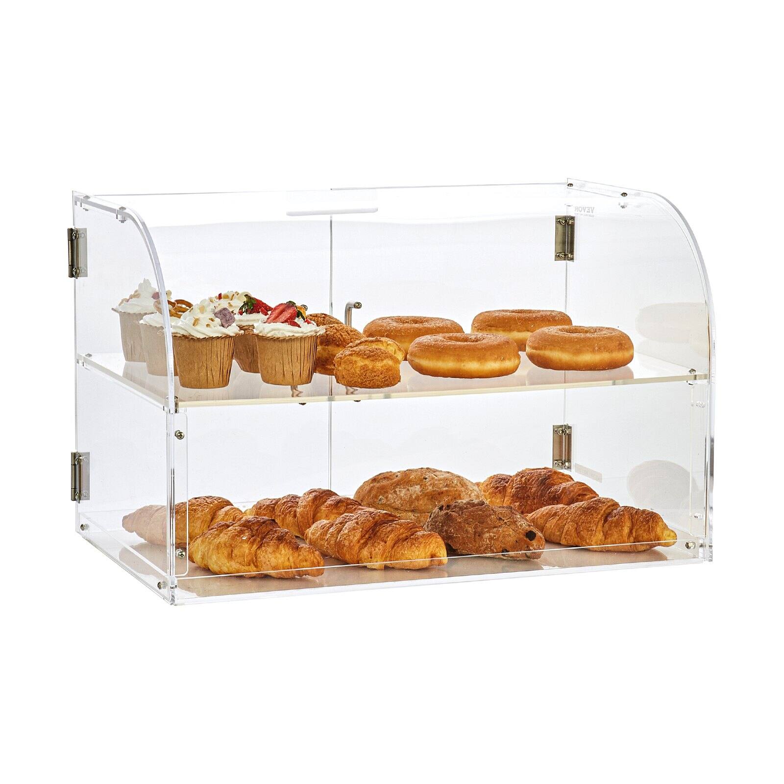 Front. Glintex - 2-Tier Acrylic Pastry Display Case with Rear Doors and Removable Shelves, Countertop Bakery Display for Donuts, Cakes - Natural.
