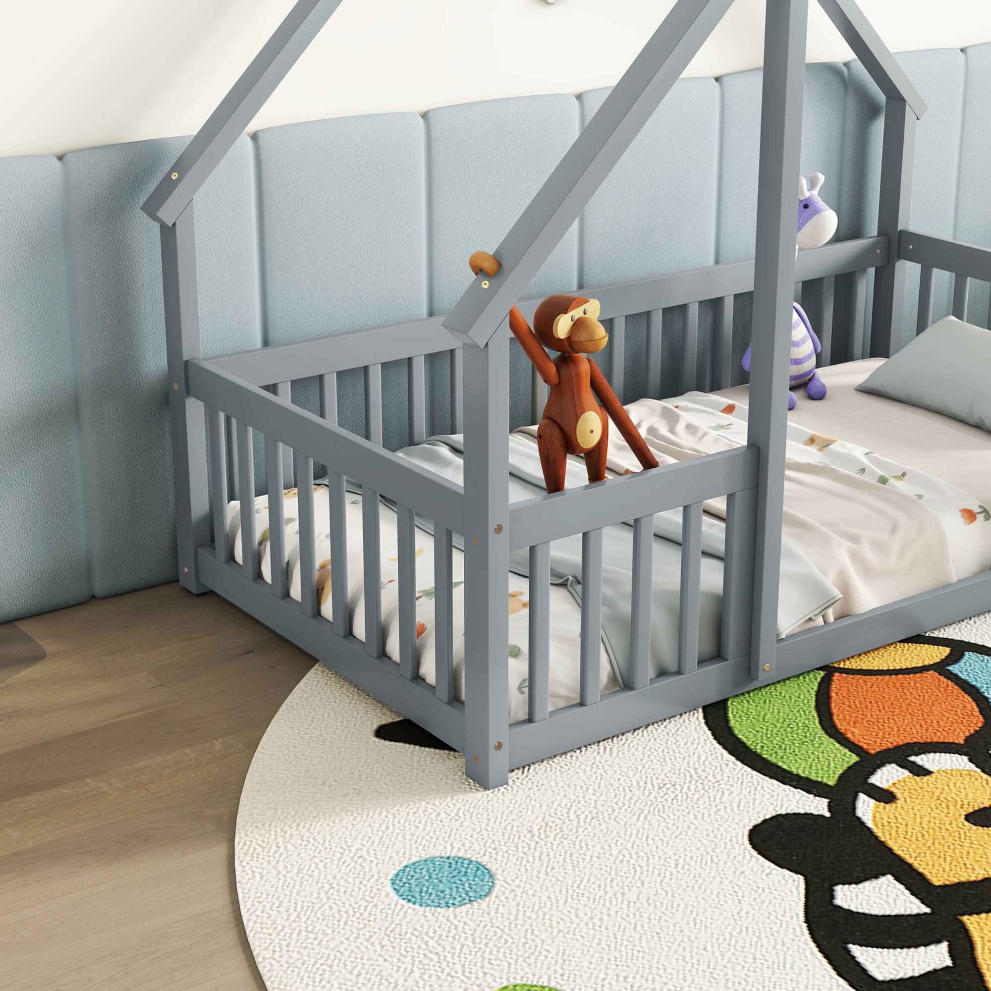 Alt View 6. GOODSILO - House-Shaped Twin Floor Bed with Safety Fence and Guardrails for Children's Playful Sleep Space - Grey.