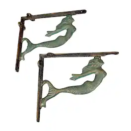 Zeckos - Cast Iron Swimming Mermaid Wall Shelf Bracket Coastal Decor Set of 2, Verdigris and - Bronze