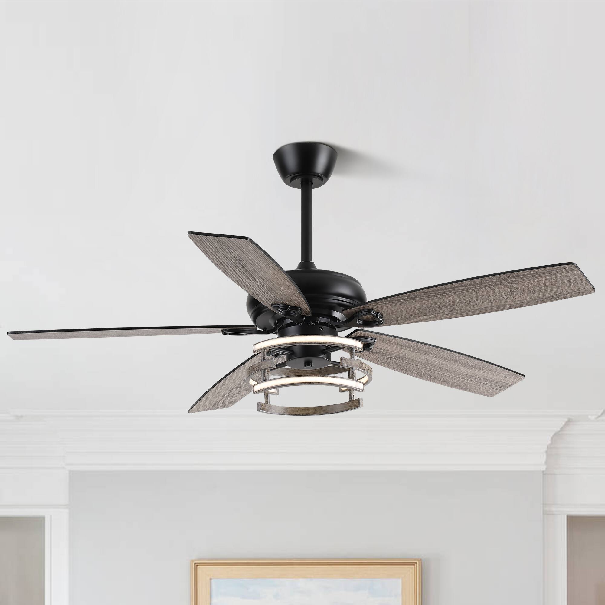 Front. Parrot Uncle - 52" Farmhouse Reversible Blades Dimmable LED Strip Ceiling Fan with Remote and Light - Matte Black.