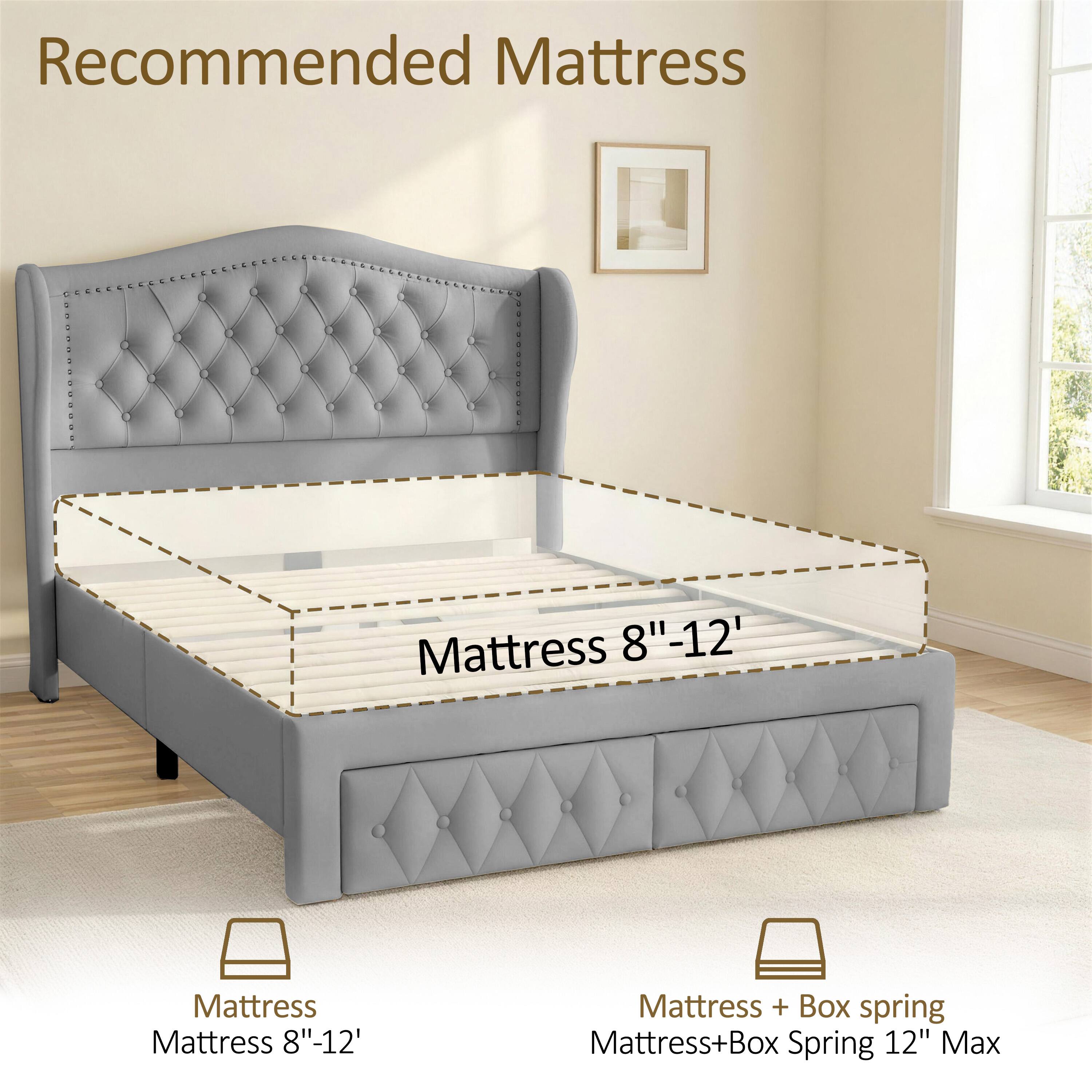 Recommended Mattress

- Mattress 8"-12"
- Mattress + Box spring 12" Max