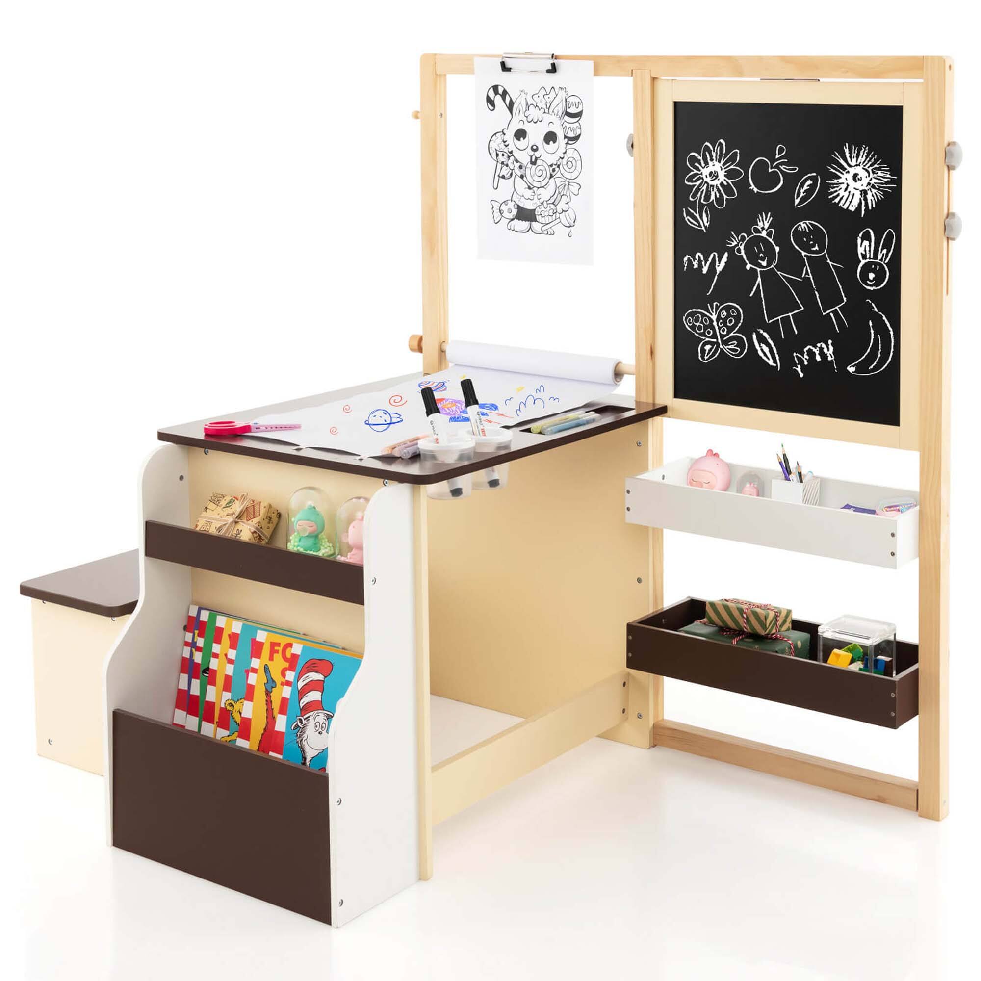 Front. Costway - Kids Art Center Wooden Table Bench Set Adjustable Double-Sided Easel Storage - Coffee.