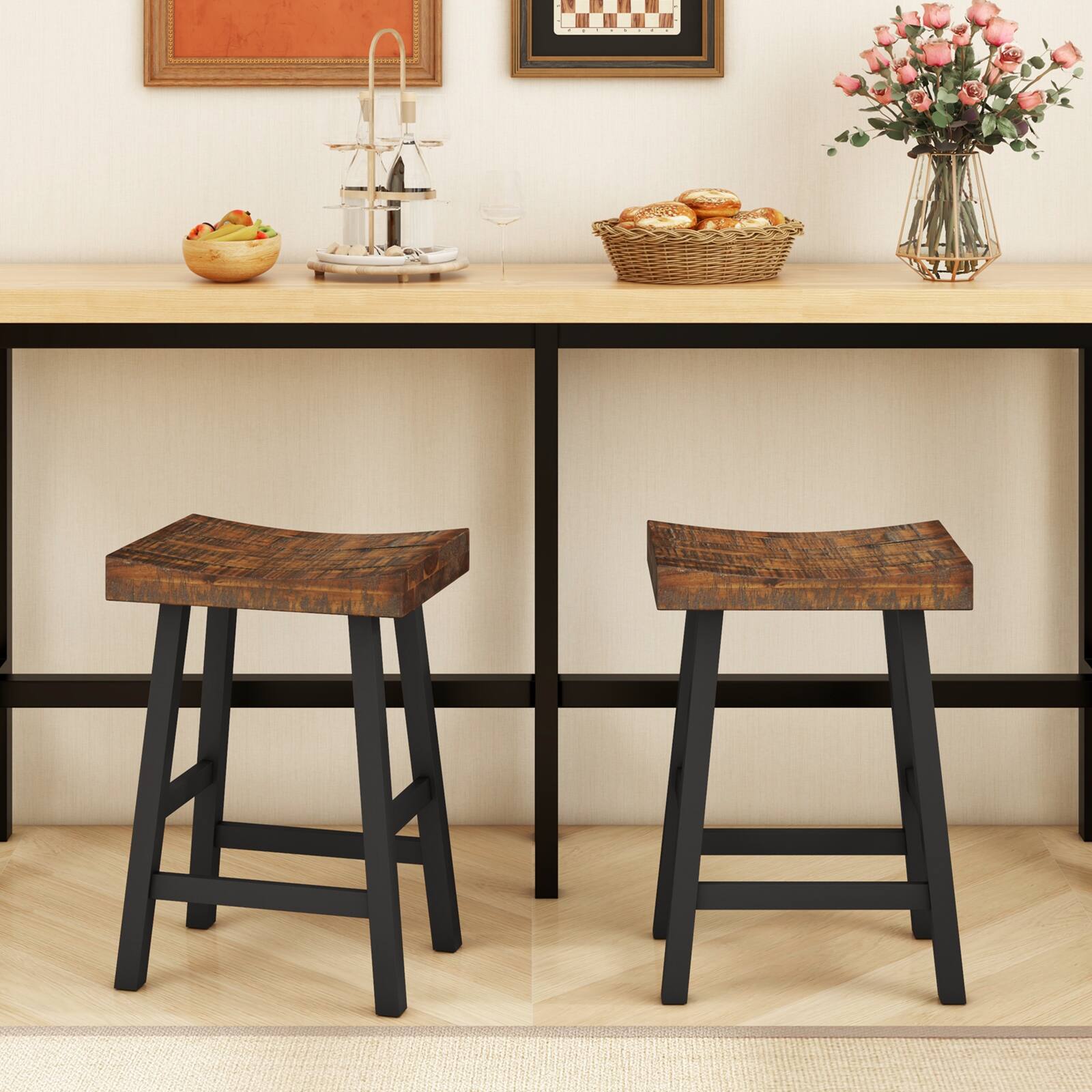 Alt View 5. Gymax - Gymax 24 Inch Bar Stools Set of 4 Counter Height Barstools w/ Saddle Seat - Brown, Black.