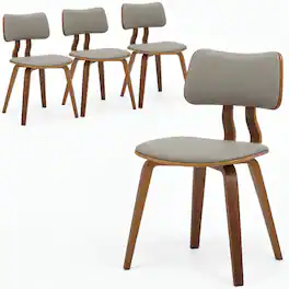 LeisureMod - Clivo 4-Piece Modern Dining Chair Set, Leather Upholstered Accent Chairs with Walnut Wood Legs & Floor Protectors - Walnut/Light Grey