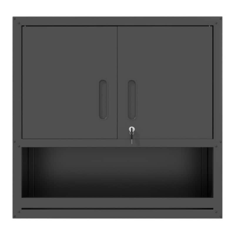 ALEXOUN - Metal Wall-Mounted Tool Storage Cabinet - with Locking Door, 1 Shelf & 1 Open Drawer, for Garage, Office, Warehouse - Black