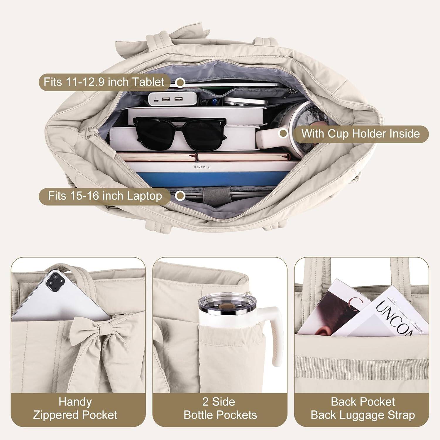 Fits 11-12.9 inch Tablet  
With Cup Holder Inside  
Fits 15-16 inch Laptop  
Handy Zippered Pocket  
2 Side Bottle Pockets  
Back Pocket Back Luggage Strap