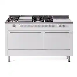ILVE - Professional Plus II Series 60 in. Dual Fuel Range with 7 Sealed Burners + Griddle (Natural Gas, Satin Trim) - White