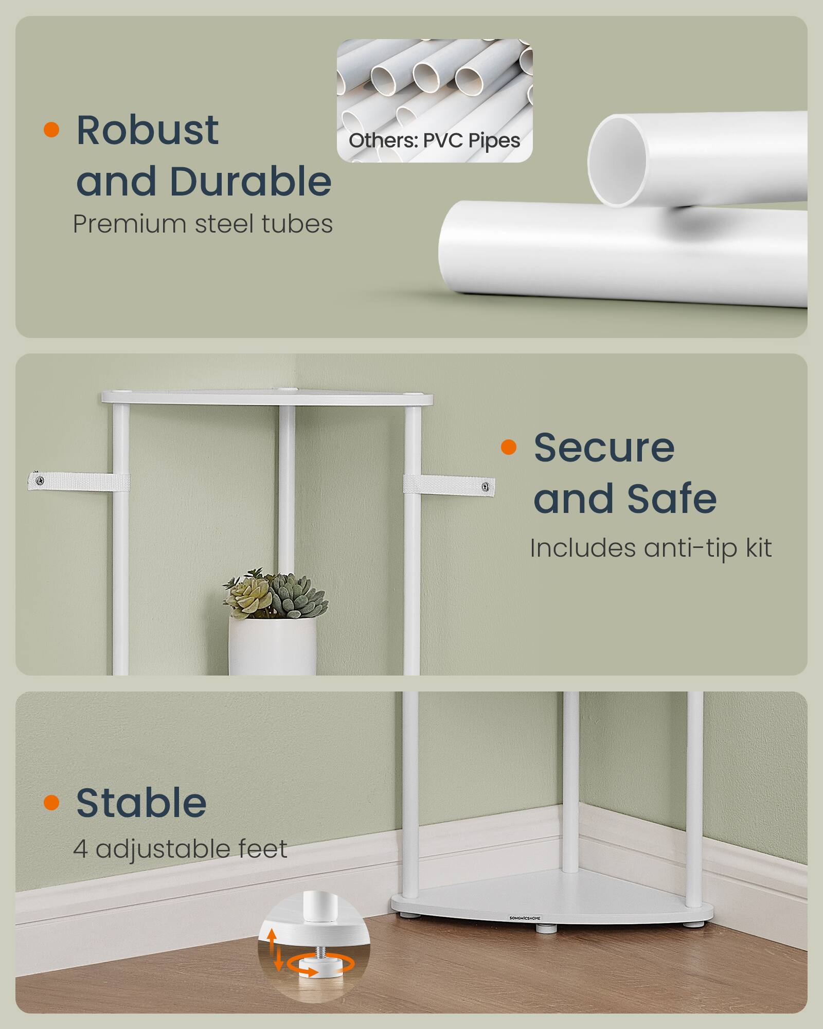 - Robust and Durable: Premium steel tubes
- Secure and Safe: Includes anti-tip kit
- Stable: 4 adjustable feet
