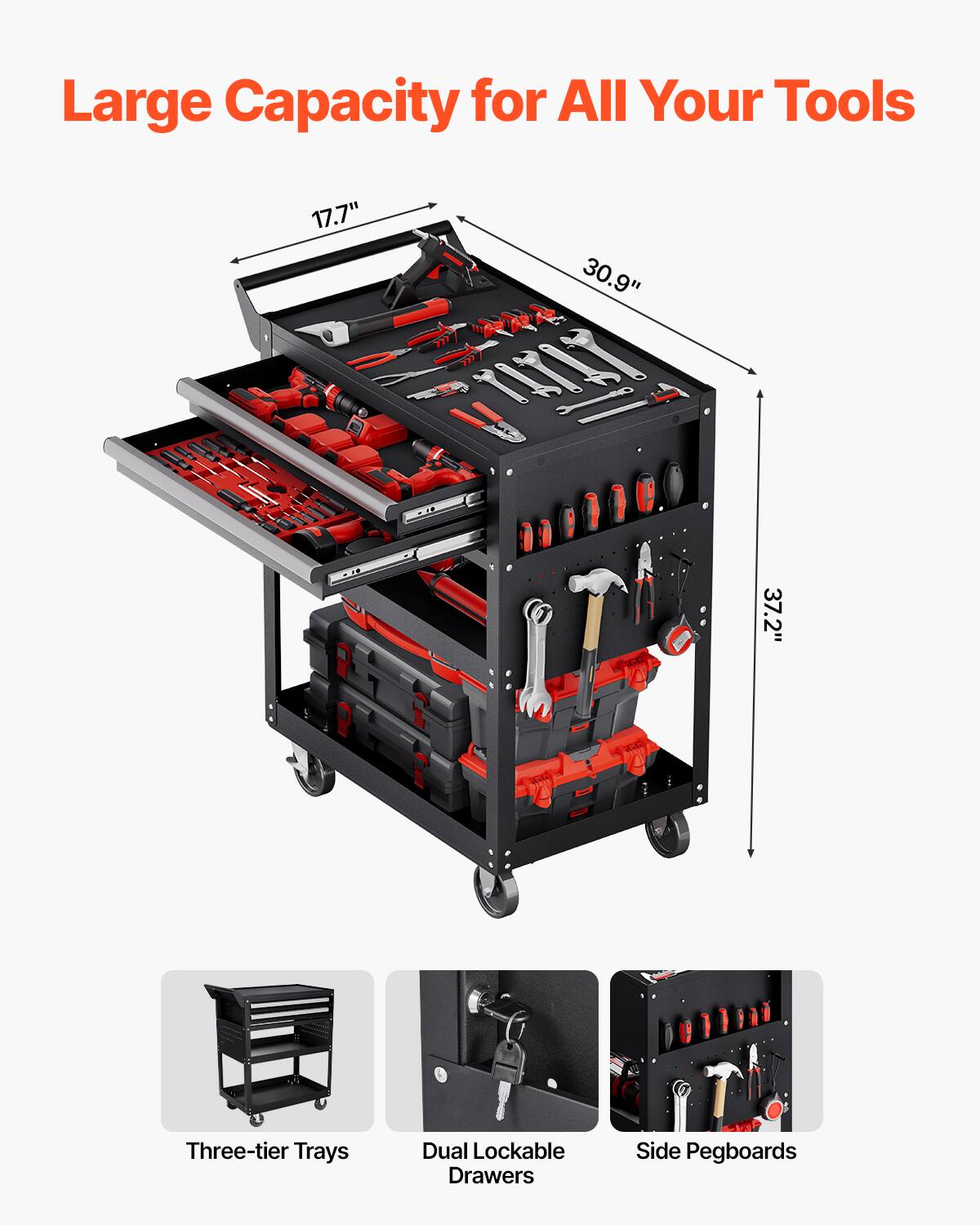 Large Capacity for All Your Tools

17.7" 30.9" 37.2"

Three-tier Trays
Dual Lockable Drawers
Side Pegboards
