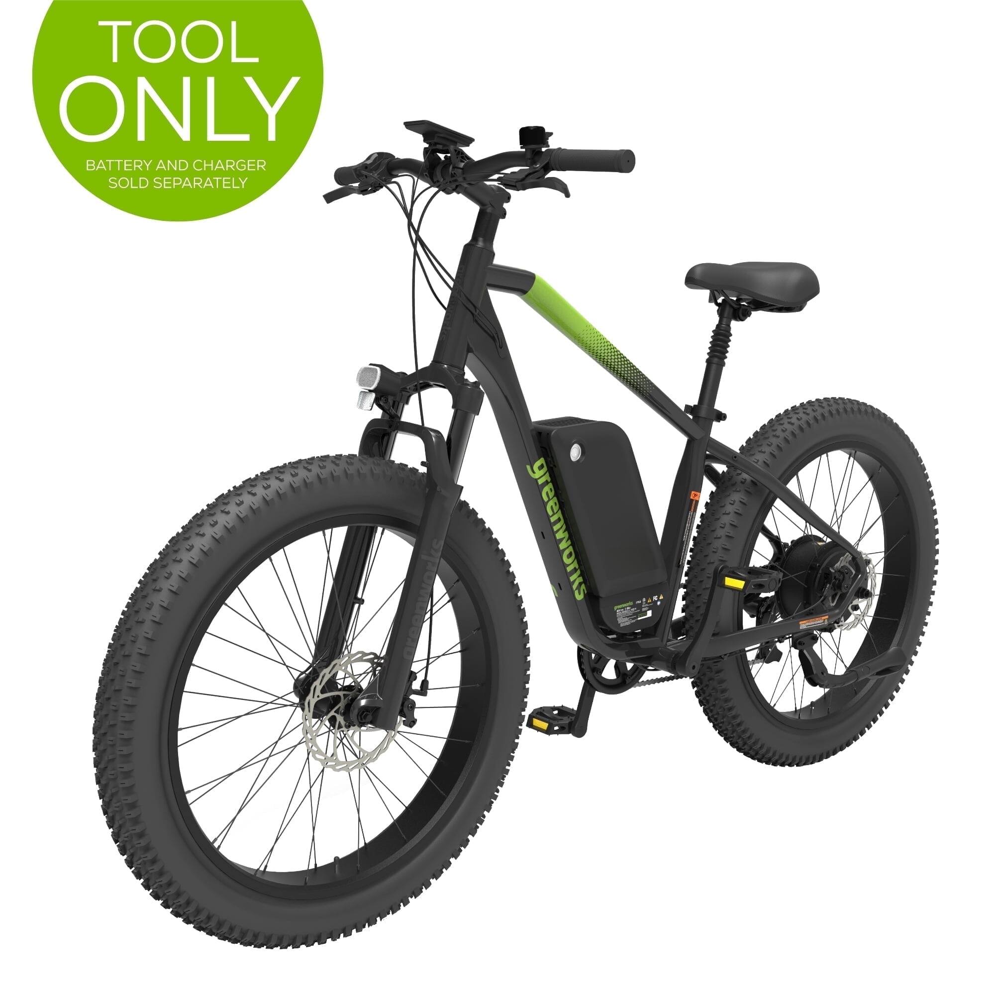 Front. Greenworks - Greenworks 60V Electric Mountain Bike for Adults & Teens, 26" Fat Tires, 7-Speed, Green (No Battery) - Green.