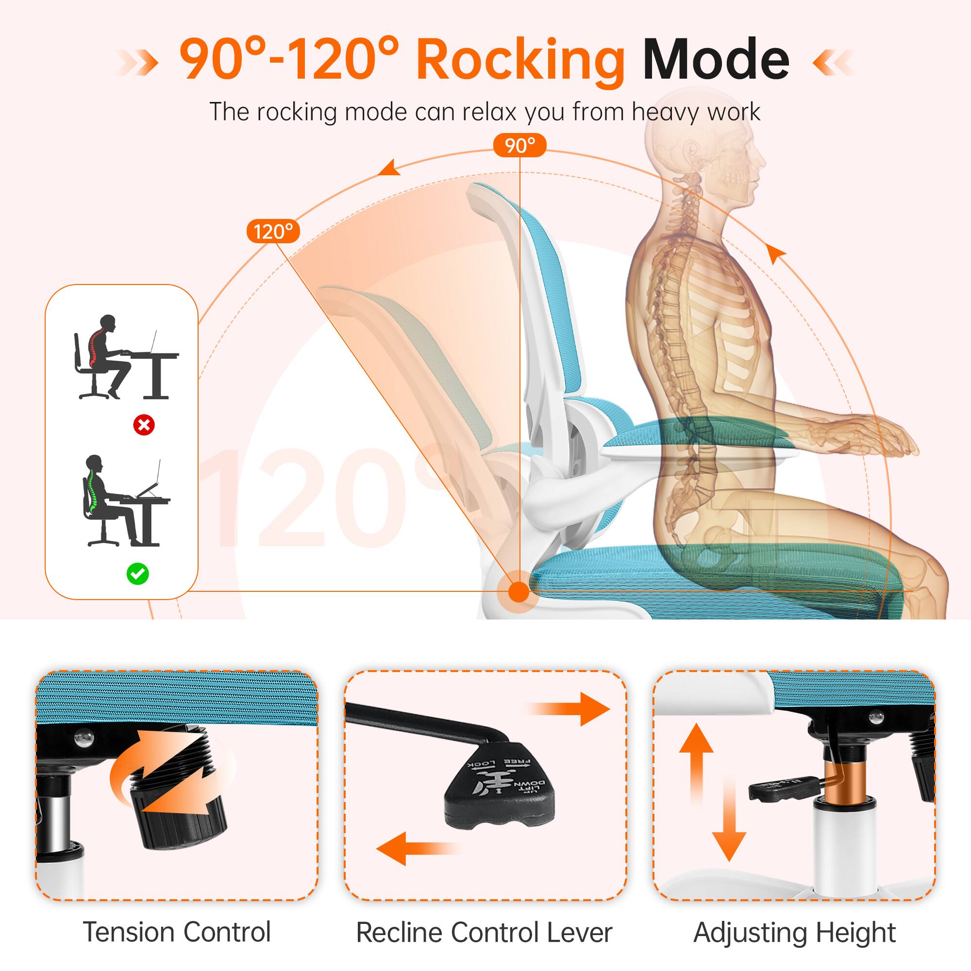 90°-120° Rocking Mode  
The rocking mode can relax you from heavy work

Tension Control  
Recline Control Lever  
Adjusting Height