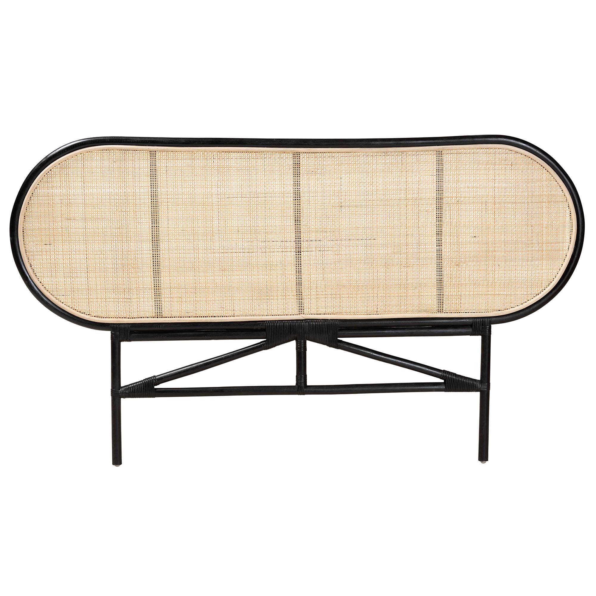 Angle. bali & pari - Reegan Modern Bohemian Rattan Queen Size Standalone Headboard - Black/Natural Brown.