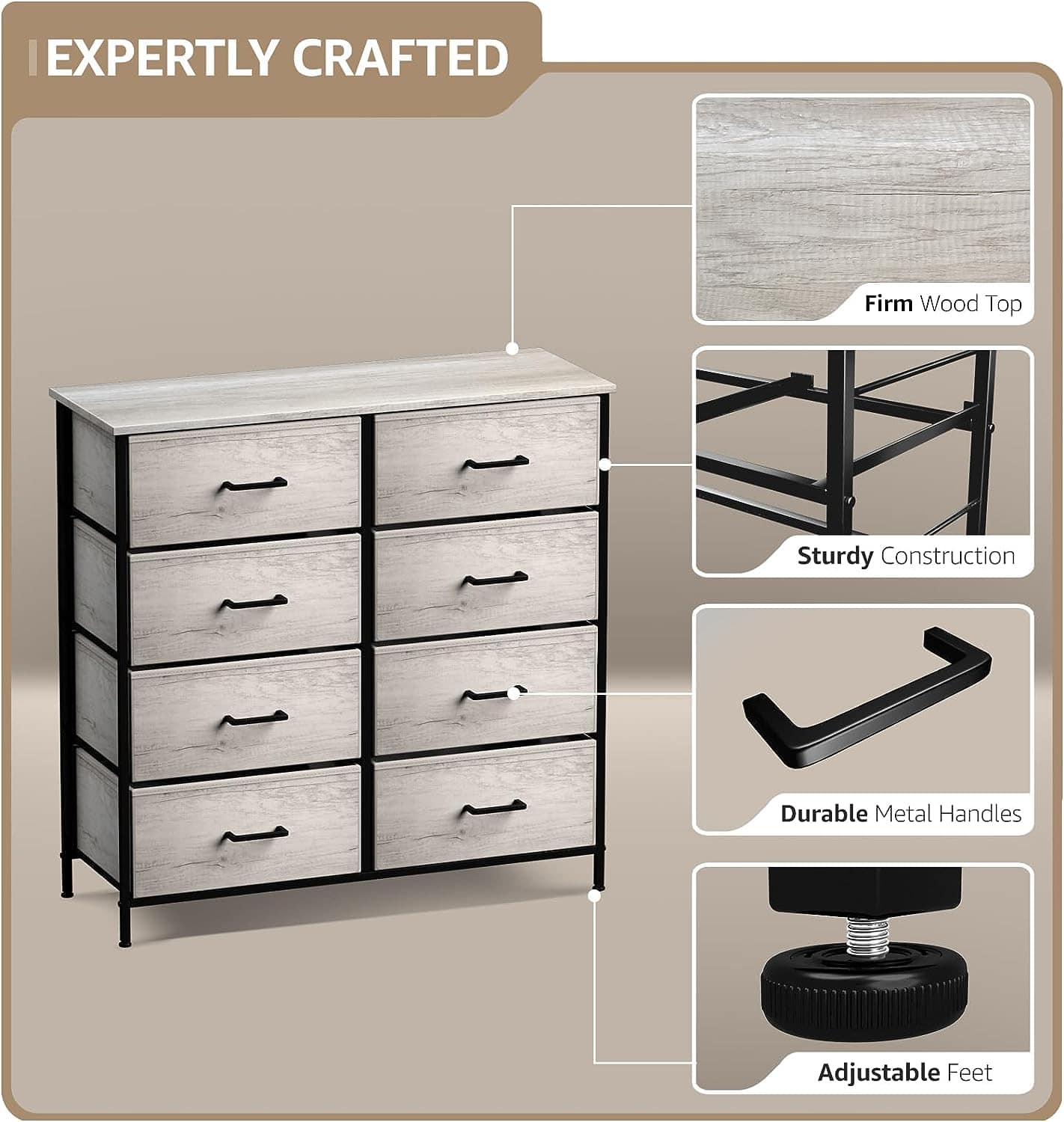 EXPERTLY CRAFTED
- Firm Wood Top
- Sturdy Construction
- Durable Metal Handles
- Adjustable Feet