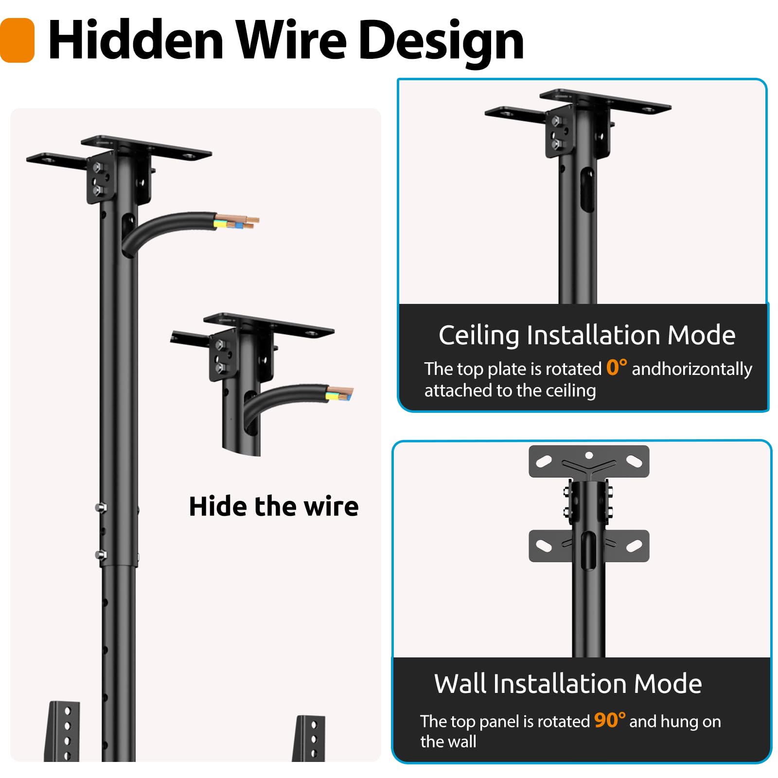 Hidden Wire Design

Ceiling Installation Mode  
The top plate is rotated 0° and horizontally attached to the ceiling

Hide the wire

Wall Installation Mode  
The top panel is rotated 90° and hung on the wall