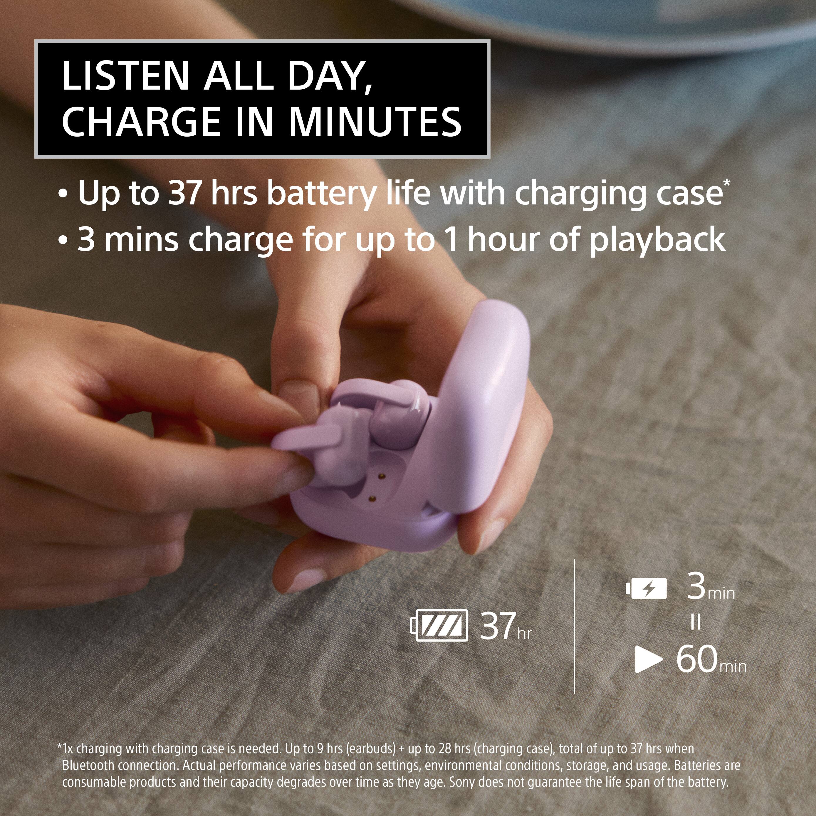LISTEN ALL DAY, CHARGE IN MINUTES

- Up to 37 hrs battery life with charging case*
- 3 mins charge for up to 1 hour of playback

*1x charging with charging case is needed. Up to 9 hrs (earbuds) + up to 28 hrs (charging case), total of up to 37 hrs when Bluetooth connection. Actual performance varies based on settings, environmental conditions, storage, and usage. Batteries are consumable products and their capacity degrades over time as they age. Sony does not guarantee the life span of the battery.