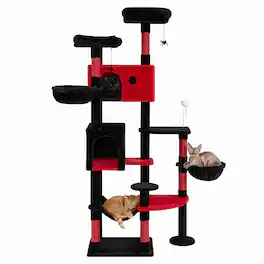 Gymax - Gothic Cat Tree 75'' Extra Large Cat Tower w/2 Plush Perches 2 Condos Hammock Red - Black