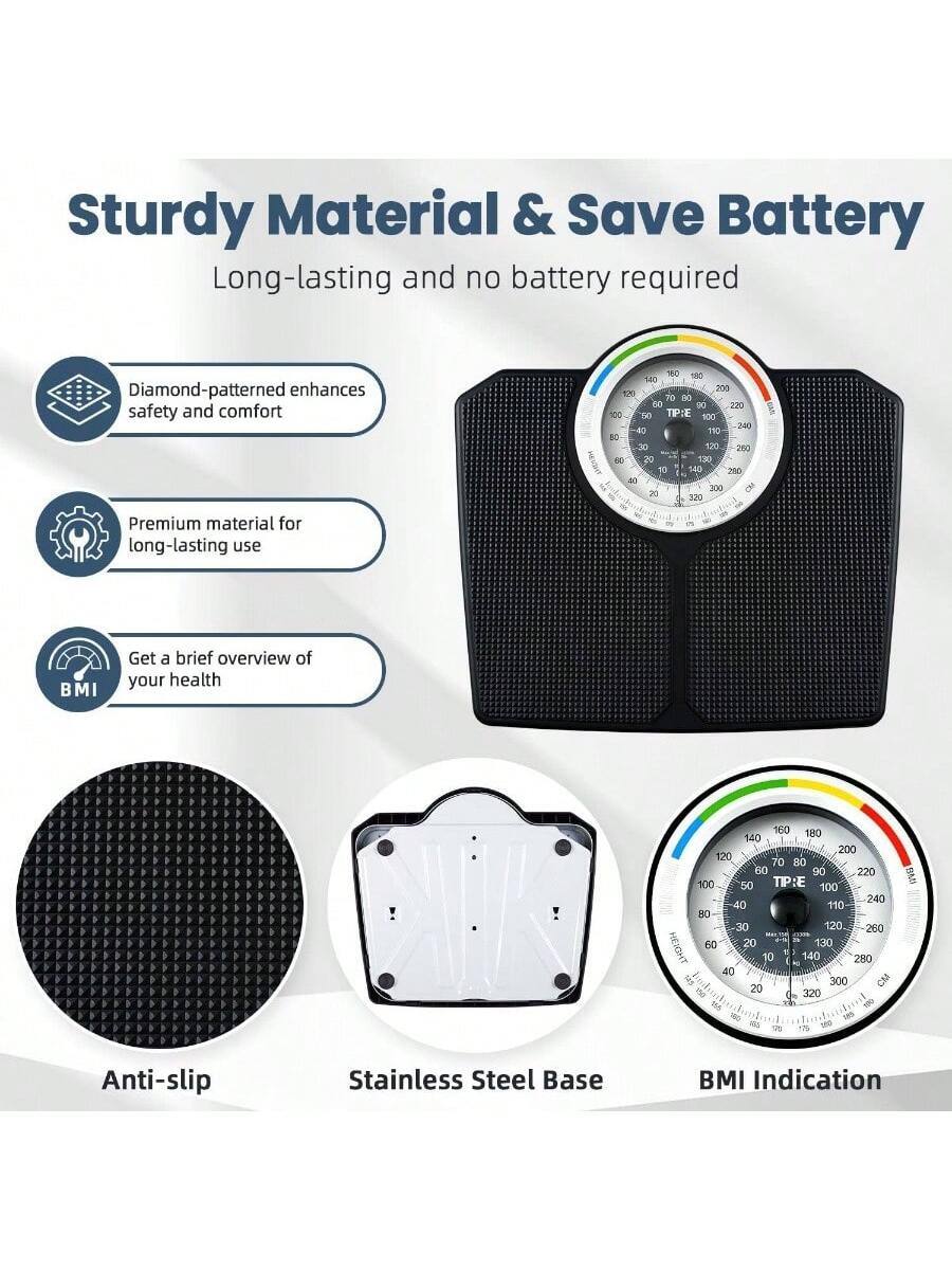 Sturdy Material & Save Battery  
Long-lasting and no battery required  

- Diamond-patterned enhances safety and comfort  
- Premium material for long-lasting use  
- Get a brief overview of your health  

Anti-slip  
Stainless Steel Base  
BMI Indication