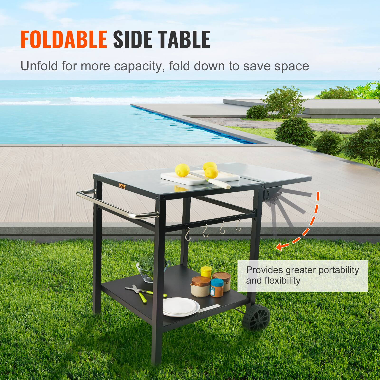 FOLDABLE SIDE TABLE
Unfold for more capacity, fold down to save space
Provides greater portability and flexibility