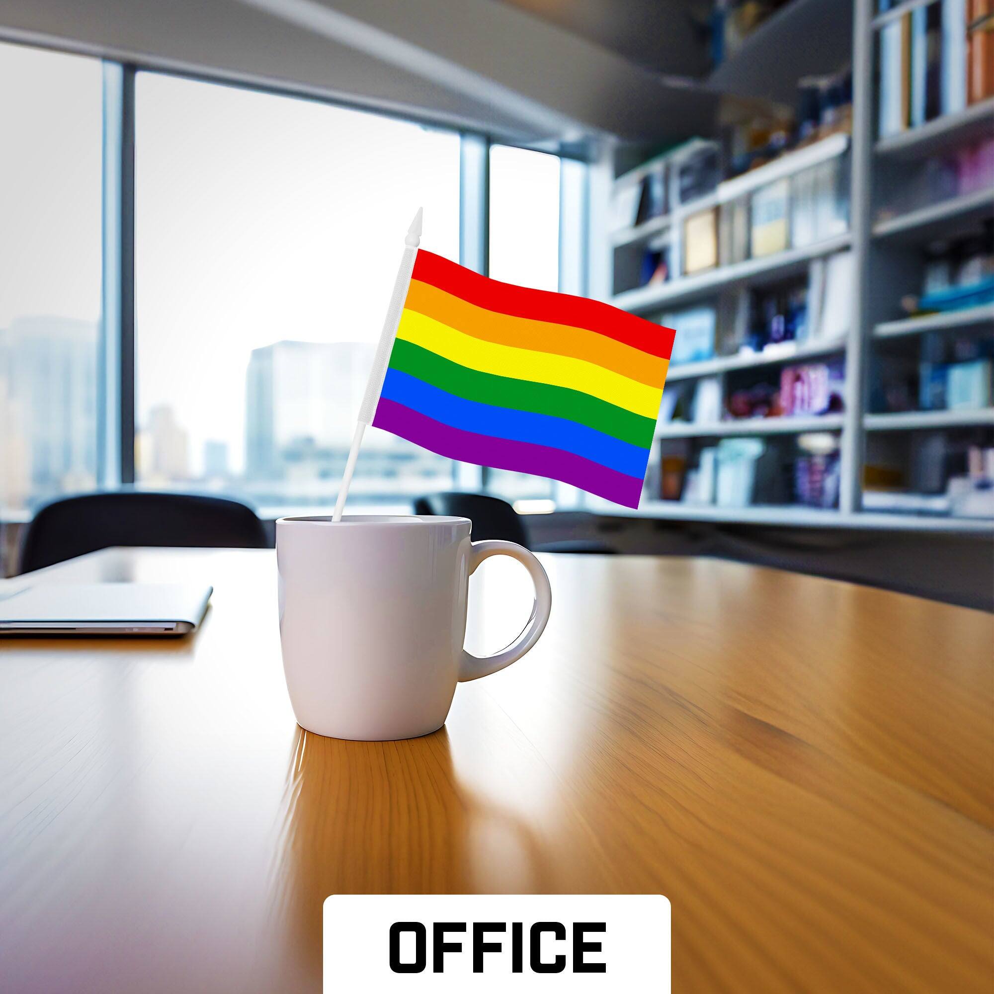 Left. G128 - Handheld LGBT Rainbow Pride Stick Flags 4x6 Inch Printed 150D Polyester 10 Pack - Rainbow.
