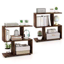 Costway - 2 PCS 2-Tier Bookshelf Free Standing Wooden Display S-Shaped Shelf Storage Rack - Brown