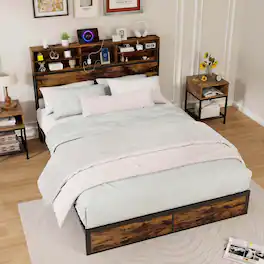 Costway - Queen Bed Frame with Charging Station Storage Headboard Under-bed Storage Space - Brown