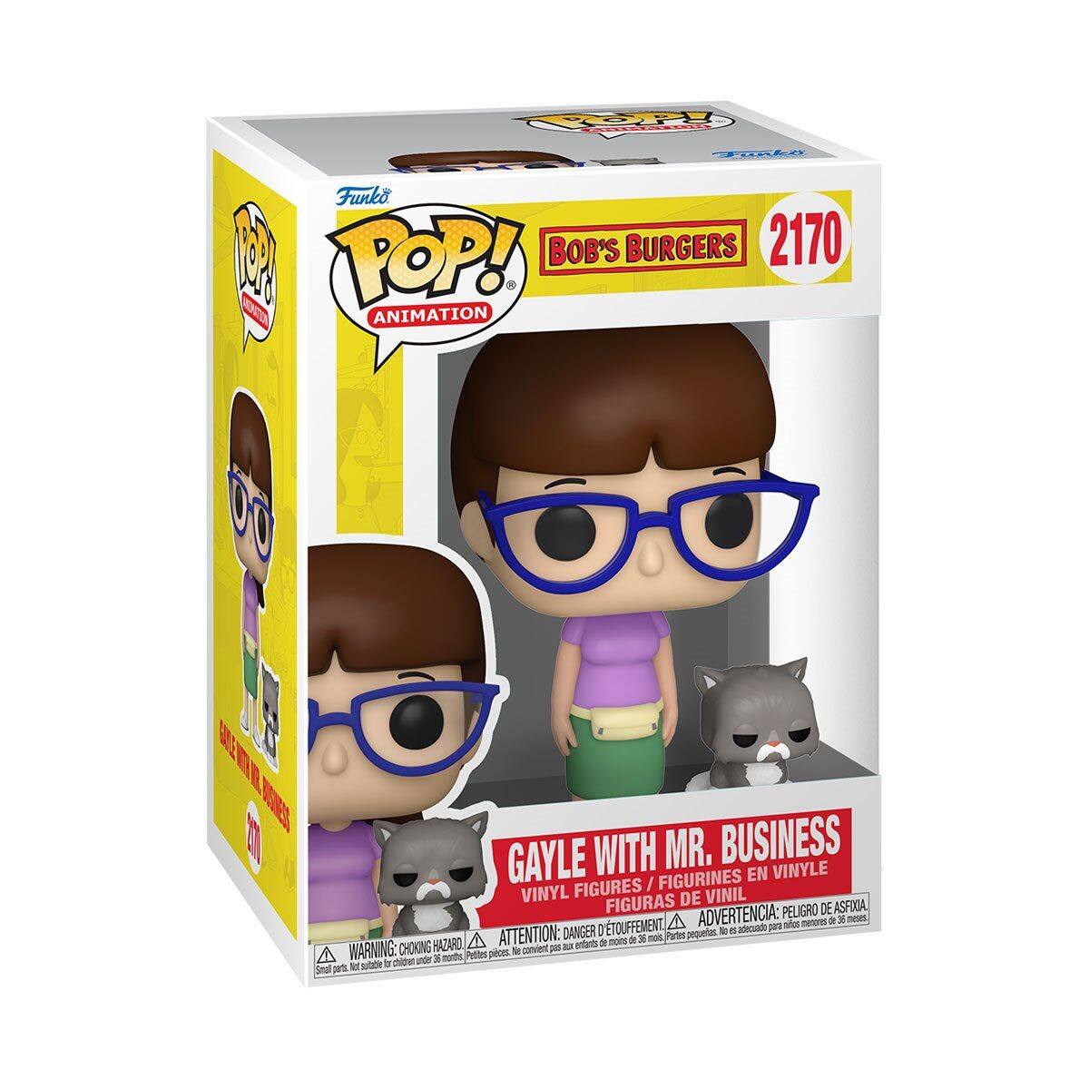 Sure, here is the corrected and grouped text from the image:

---

**Funko POP! ANIMATION**

**BOB'S BURGERS**

**2170**

**GAYLE WITH MR. BUSINESS**

**VINYL FIGURES / FIGURINES EN VINYLE / FIGURAS DE VINIL**

**WARNING: CHOKING HAZARD - Small parts. Not for children under 3 years.**

**ATTENTION: DANGER D'ETOUFFEMENT - Petites pièces. Ne convient pas aux enfants de moins de 3 ans.**

**ADVERTENCIA: PELIGRO DE ASFIXIA - Piezas pequeñas. No es adecuado para niños menores de 3 años.**

**GAYLE WITH MR. BUSINESS**

**VINYL FIGURES / FIGURINES EN VINYLE / FIGURAS DE VINIL**

**WARNING: CHOKING HAZARD - Small parts. Not for children under 3 years.**

**ATTENTION: DANGER D'ETOUFFEMENT - Petites pièces. Ne convient pas aux enfants de moins de 3 ans.**

**ADVERTENCIA: PELIGRO DE ASFIXIA - Piezas