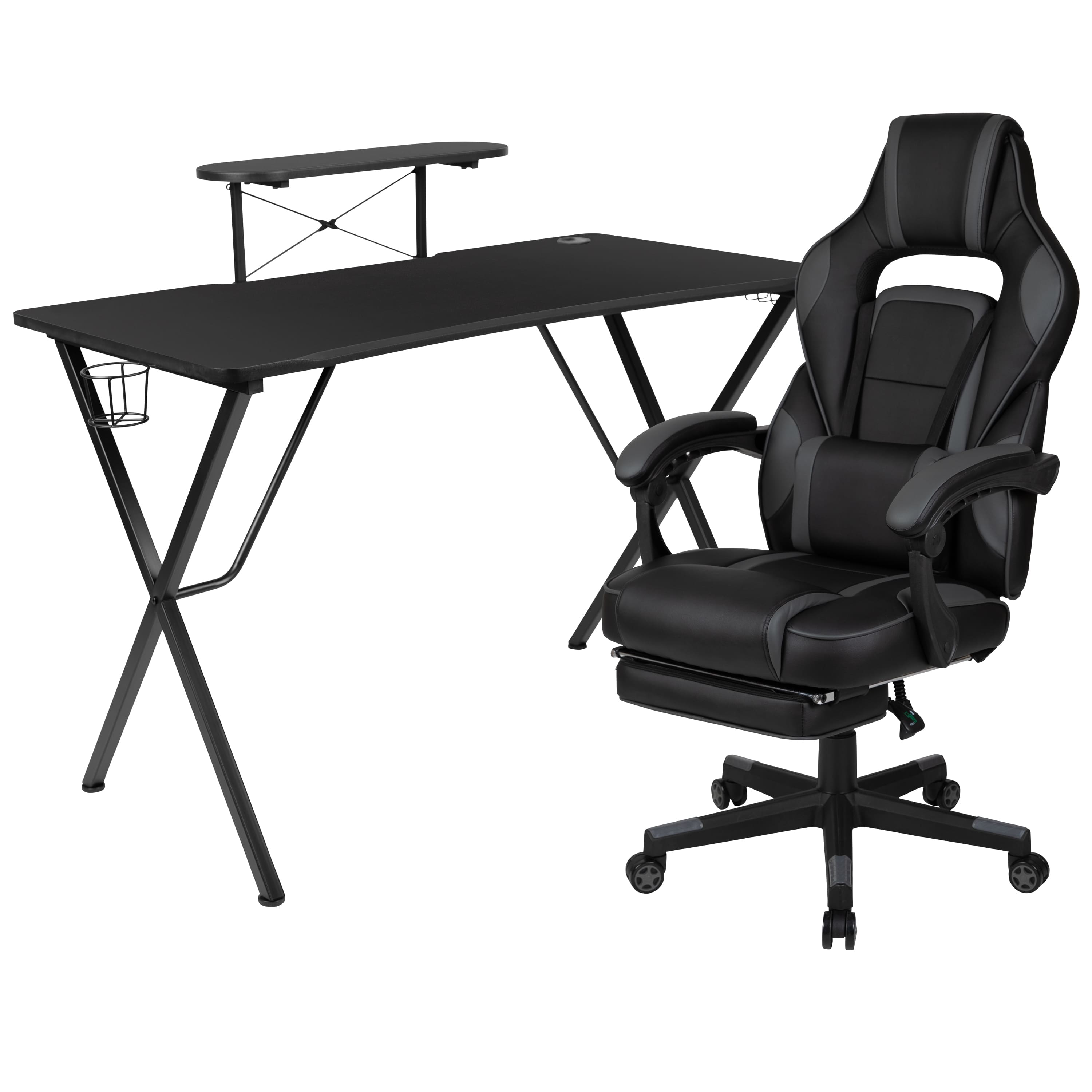 Emma + Oliver - Gaming Bundle-Cup/Headphone Desk & Reclining Footrest Chair - Black