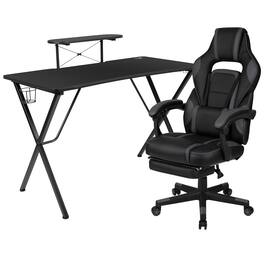 Emma + Oliver - Gaming Bundle-Cup/Headphone Desk & Reclining Footrest Chair - Black
