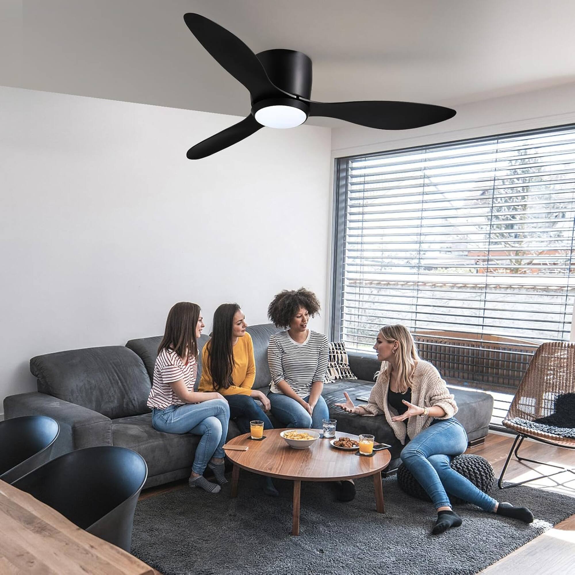 Back. Siljoy - 42 Inch Modern Black Flush Mount Ceiling Fan with LED Light Remote Control, for Bedroom Living Room  Patio - Black.