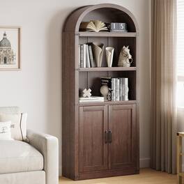 Babevy - 5-Tier 71.65" Tall Arched Farmhouse Wooden Bookcase - Modern Black Wood Grain, Metal Corner Protection - Brown