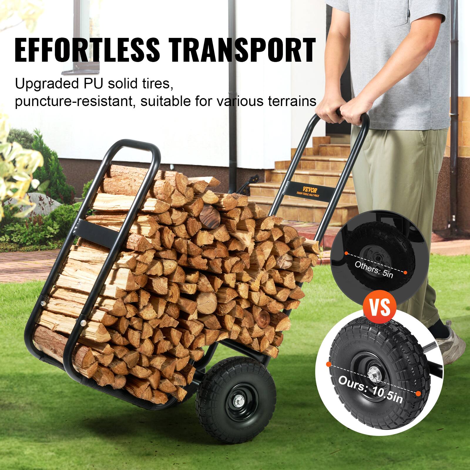 EFFORTLESS TRANSPORT  
Upgraded PU solid tires, puncture-resistant, suitable for various terrains  

Others: 5in  
VS  
Ours: 10.5in