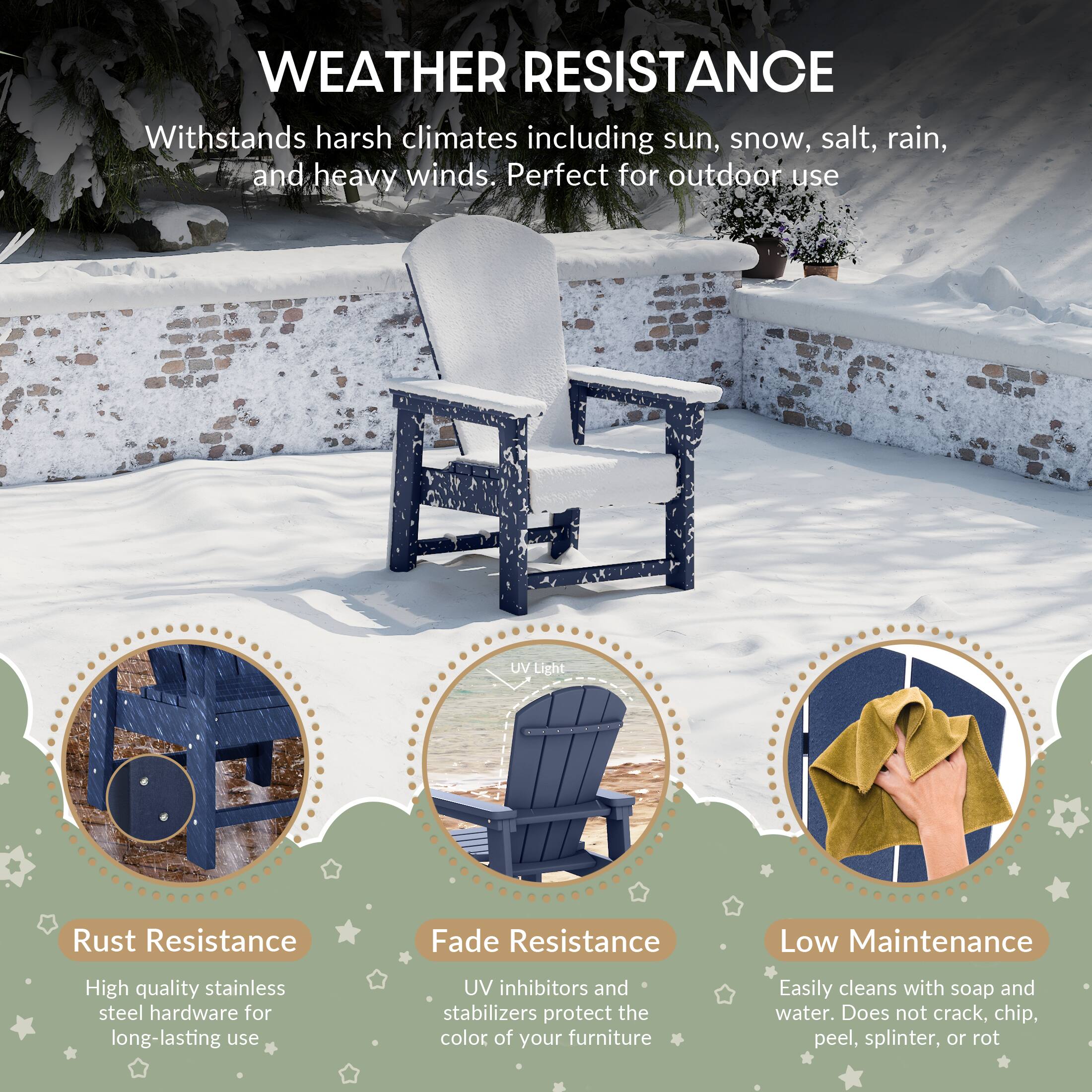 WEATHER RESISTANCE

Withstands harsh climates including sun, snow, salt, rain, and heavy winds. Perfect for outdoor use

UV Light
Rust Resistance
Fade Resistance
Low Maintenance

High quality stainless steel hardware for long-lasting use
UV inhibitors and stabilizers protect the color of your furniture
Easily cleans with soap and water. Does not crack, chip, peel, splinter, or rot