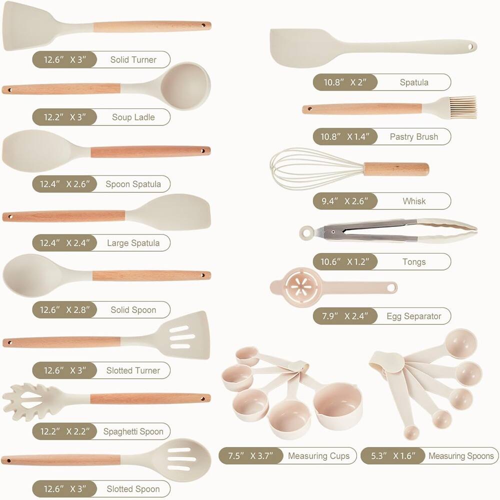 - Solid Turner: 12.6" x 3"
- Soup Ladle: 12.2" x 3"
- Spoon Spatula: 12.4" x 2.6"
- Large Spatula: 12.4" x 2.4"
- Solid Spoon: 12.6" x 2.8"
- Slotted Turner: 12.6" x 3"
- Spaghetti Spoon: 12.2" x 2.2"
- Slotted Spoon: 12.6" x 3"
- Spatula: 10.8" x 2"
- Pastry Brush: 10.8" x 1.4"
- Whisk: 9.4" x 2.6"
- Tongs: 10.6" x 1.2"
- Egg Separator: 7.9" x 2.4"
- Measuring Cups: 7.5" x 3.7"
- Measuring Spoons: 5.3" x 1.6"