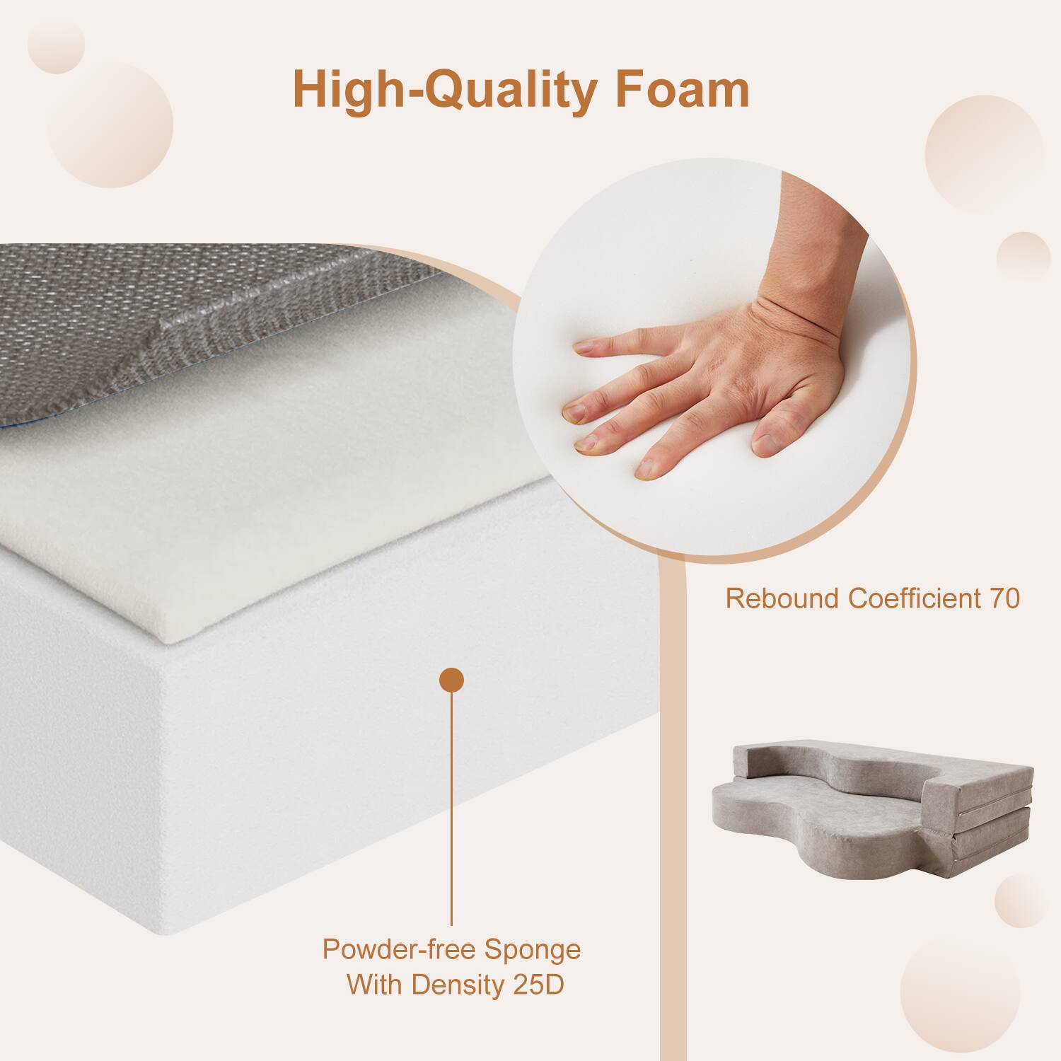 High-Quality Foam

Powder-free Sponge With Density 25D

Rebound Coefficient 70