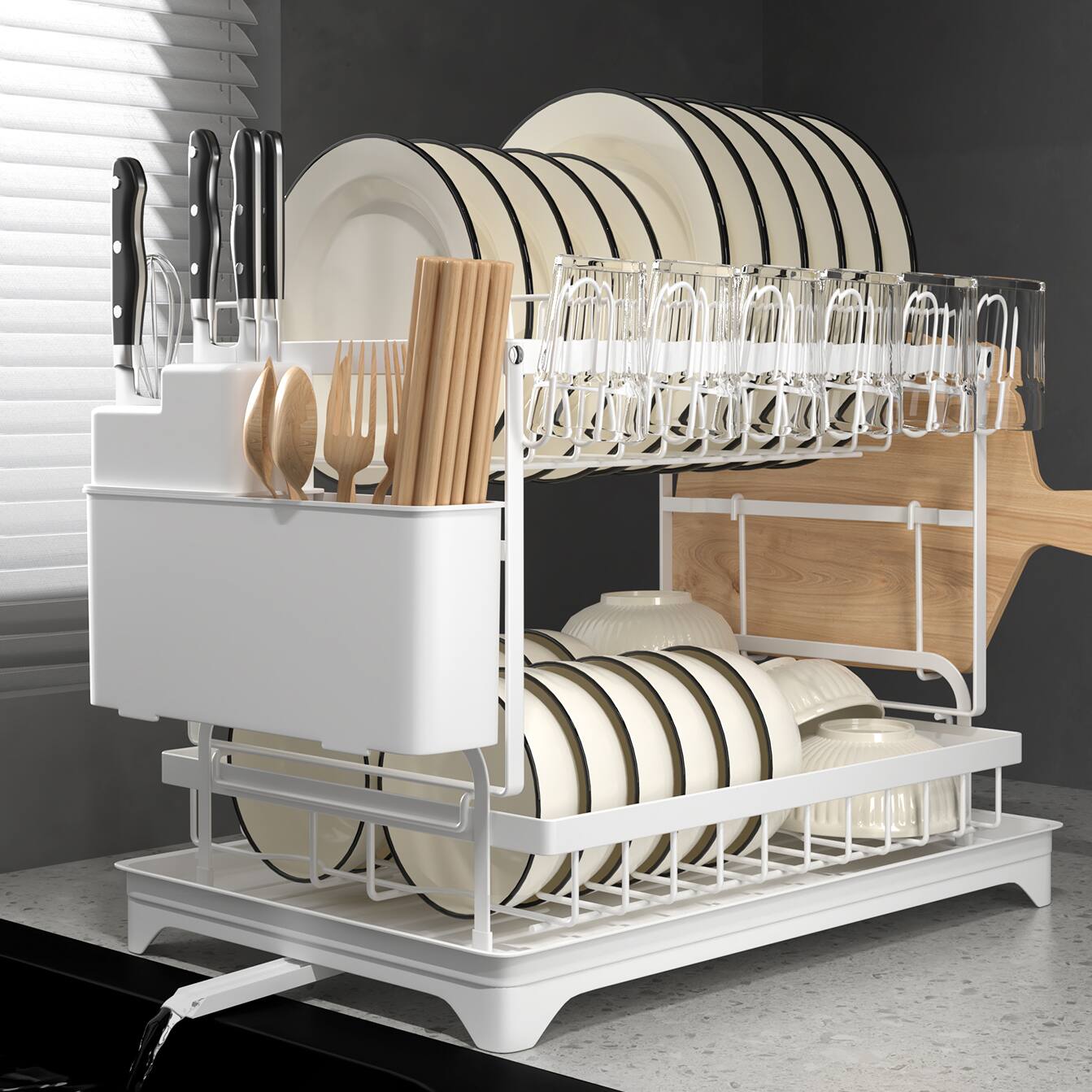 Alt View 1. Malletson - 2-Tier Steel Dish Drying Rack-White - White.