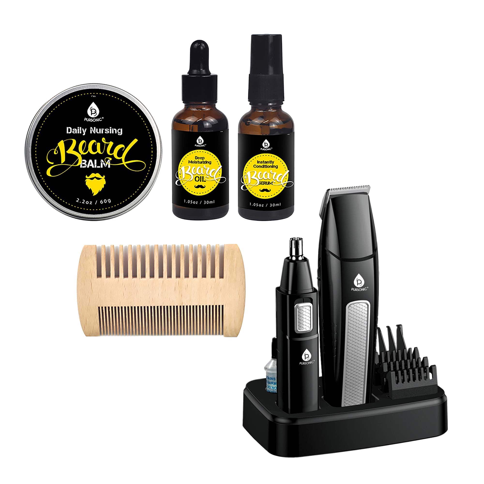 Pursonic - Mario Lopez Grooming Essentials Bundle with 10-Piece Trimming Kit & 4-Piece Beard Care Set - Black