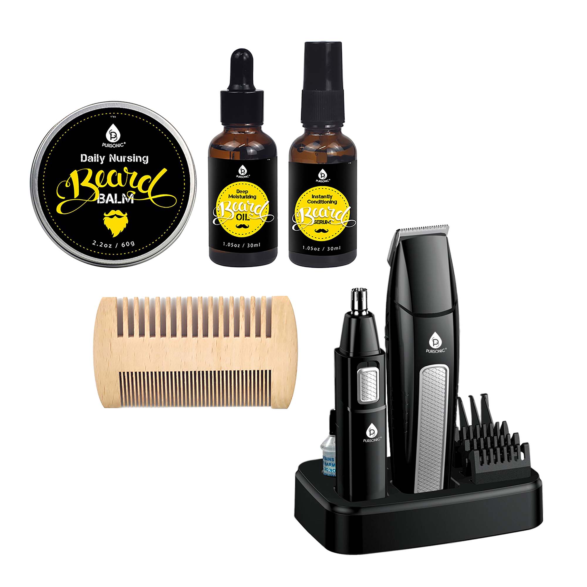 Pursonic Daily Nursing Beard Balm  
2.2oz / 60g  

Pursonic Moisturizing Beard Oil  
1.05oz / 30ml  

Pursonic Instantly Conditioning Beard Serum  
1.05oz / 30ml  

Pursonic Electric Razor