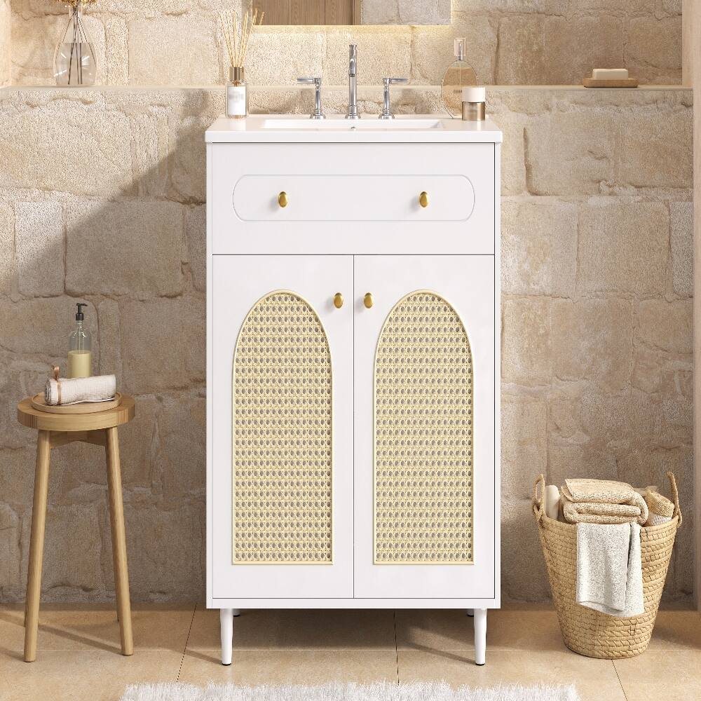 Alt View 7. Loheer - Loheer 30 inch bathroom vanity with sink White Rattan Solid Wood Cabinet - White.