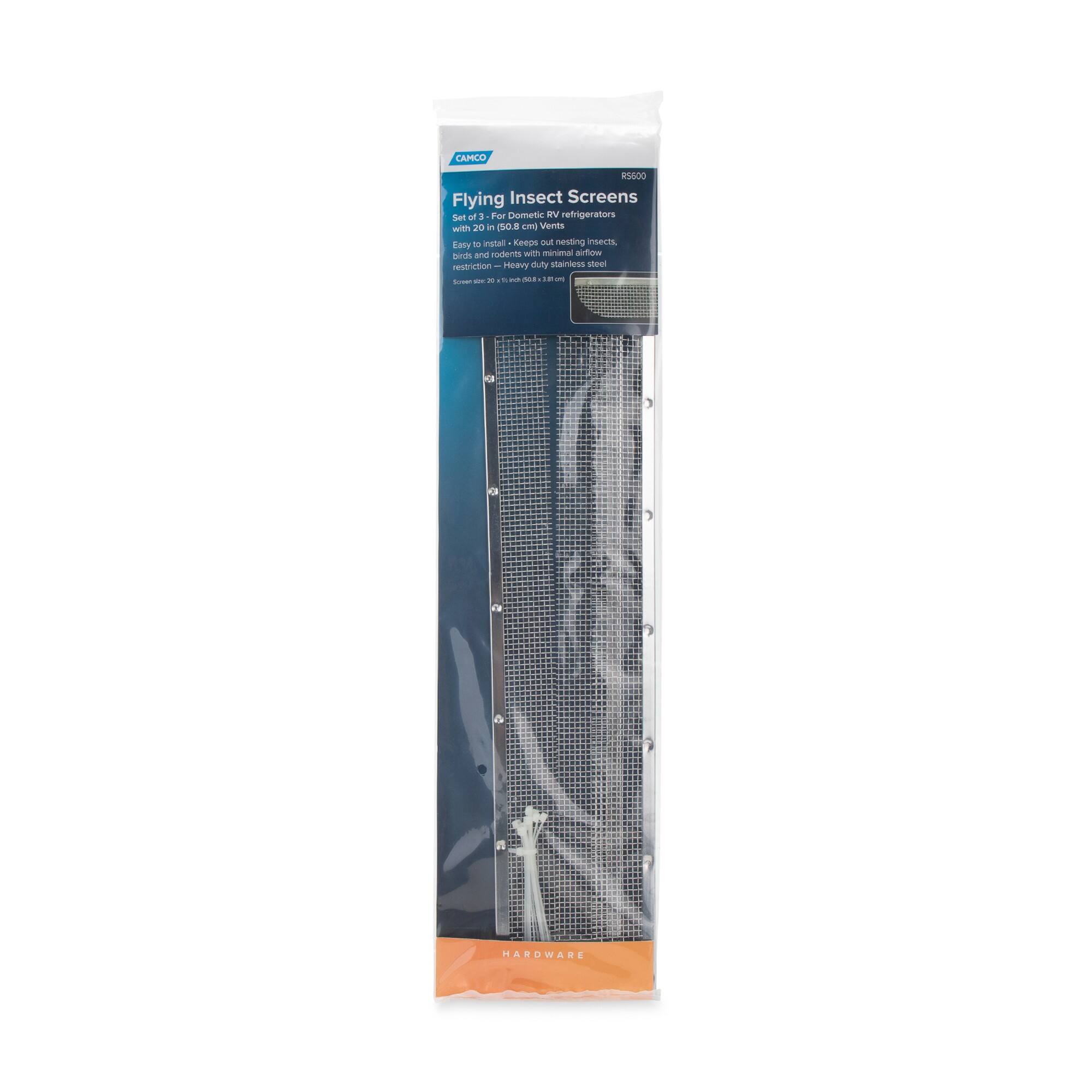 CAMCO RS500 Flying Insect Screens Set of 3 for Dometic RV refrigerators with 20 in (50.8 cm) Vents. Easy to install - Keeps out nesting insects, birds and rodents with minimal airflow restriction - Heavy duty stainless steel.