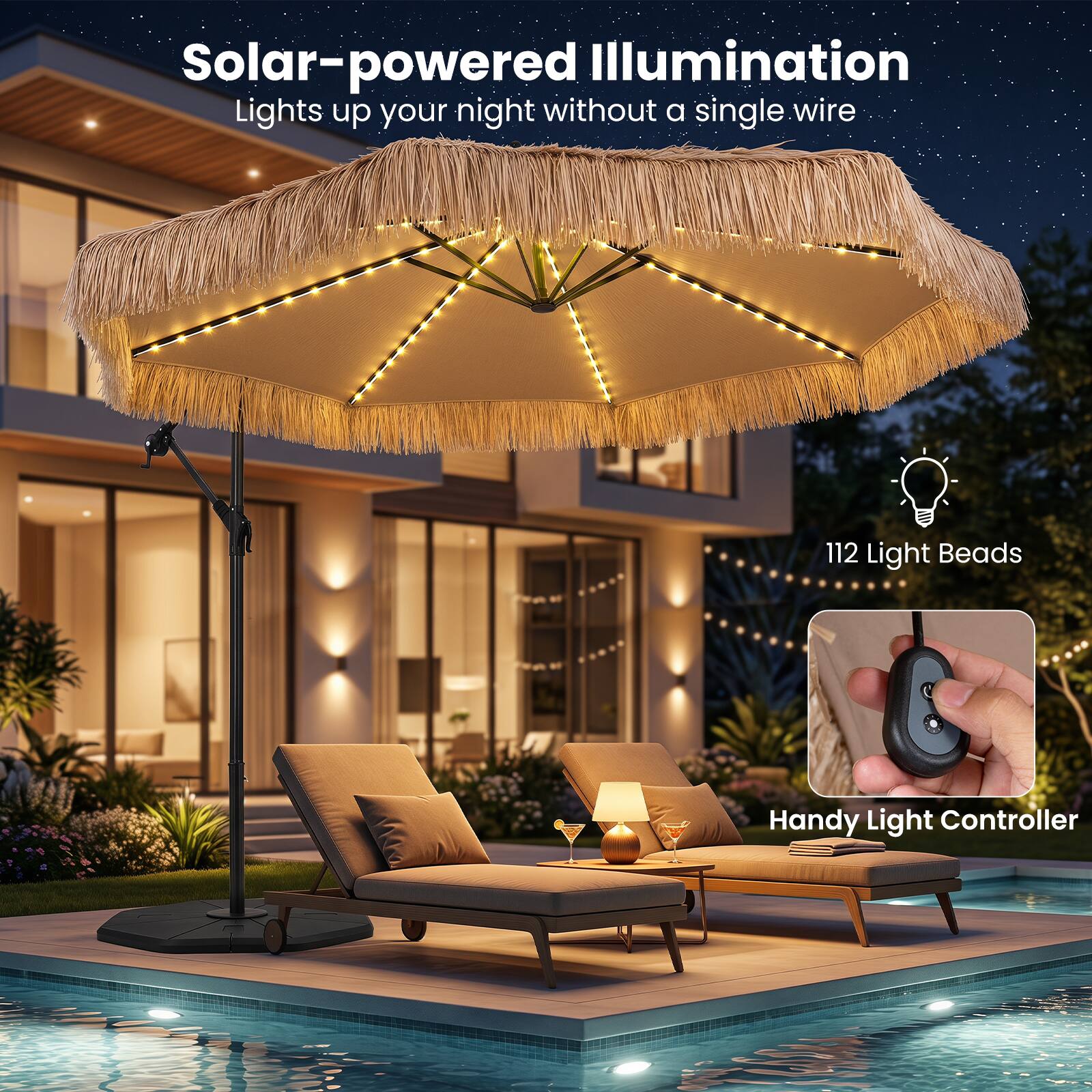 Solar-powered Illumination  
Lights up your night without a single wire  

112 Light Beads  

Handy Light Controller