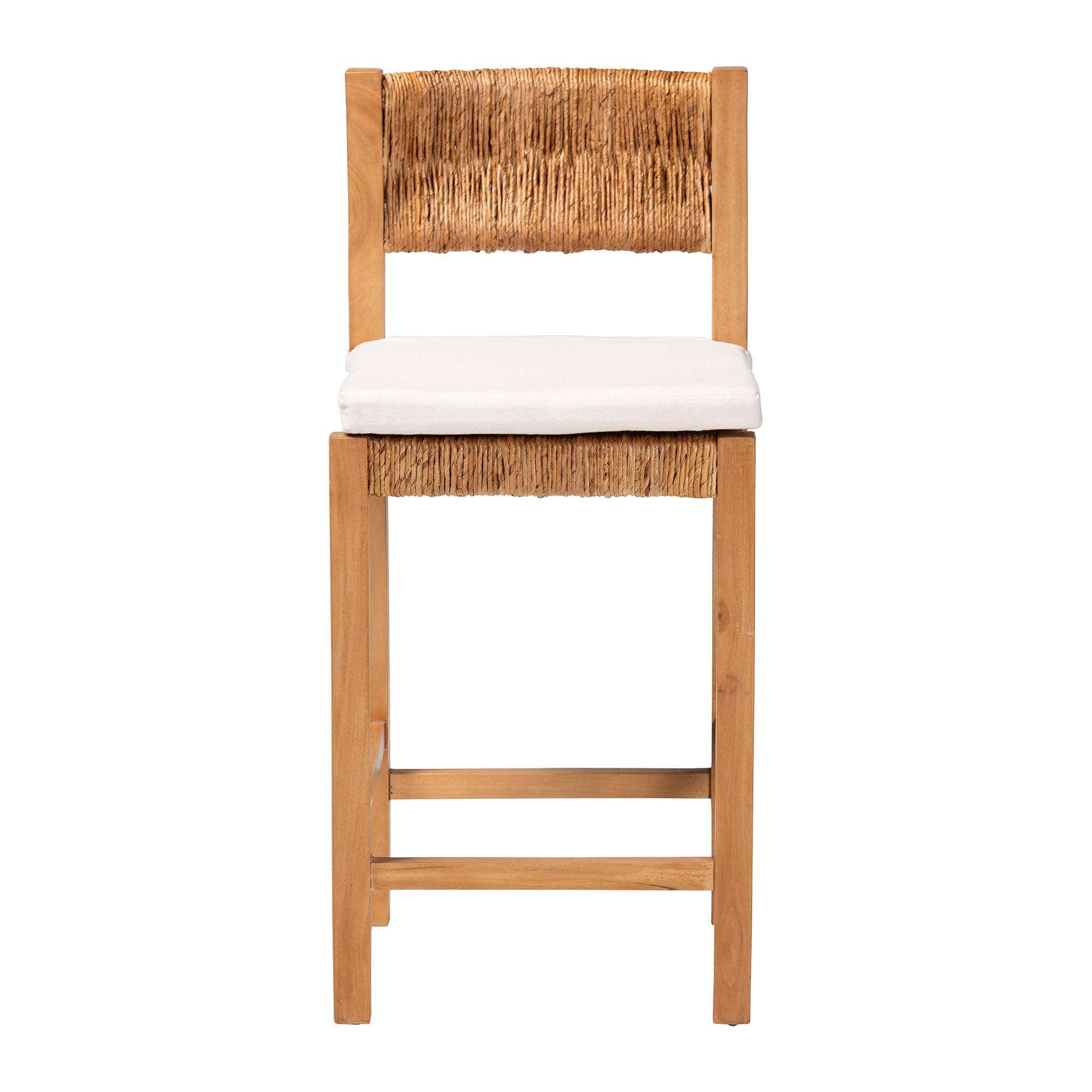 Angle. bali & pari - Pava Woven Seagrass Counter Stool - Solid Mahogany Wood Stool with Textured Back, Coastal, Counter Height - Honey/Natural Brown.
