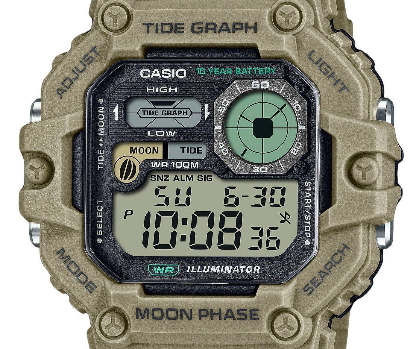 Sure, here is the corrected and grouped text from the image:

- **TIDE GRAPH**
- **CASIO**
- **10 YEAR BATTERY**
- **HIGH**
- **TIDE GRAPH**
- **LOW**
- **MOON**
- **TIDE**
- **WR 100M**
- **SNZ ALM SIG**
- **50**
- **6-30**
- **10:08**
- **36**
- **P**
- **MODE**
- **ILLUMINATOR**
- **MOON PHASE**
- **SEARCH**
- **LIGHT**
- **ADJUST**
- **SELECT**
- **START/STOP**
- **ILLUMINATOR**